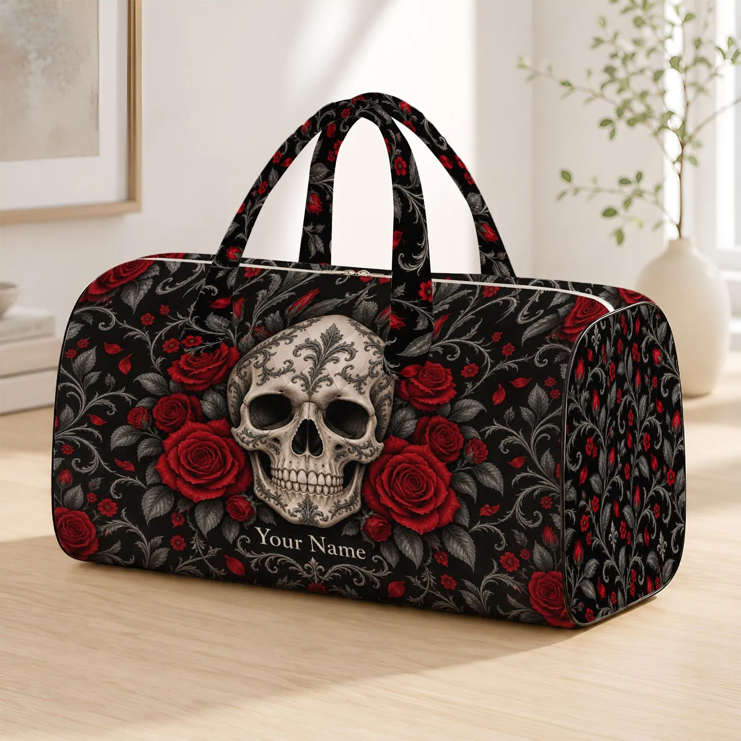 Gothic Skull And Crimson Roses For Edgy Travel, Fitness, And Weekend Getaway Style Quilted Weekend Bag - 1