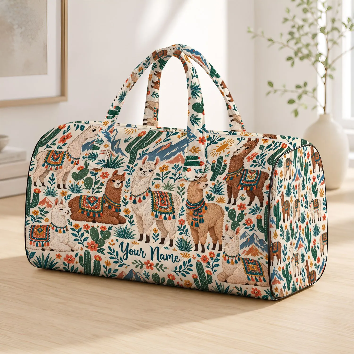Whimsical Llama And Alpaca Motifs For Colorful Weekend Getaways And Travel Quilted Weekend Bag - 1