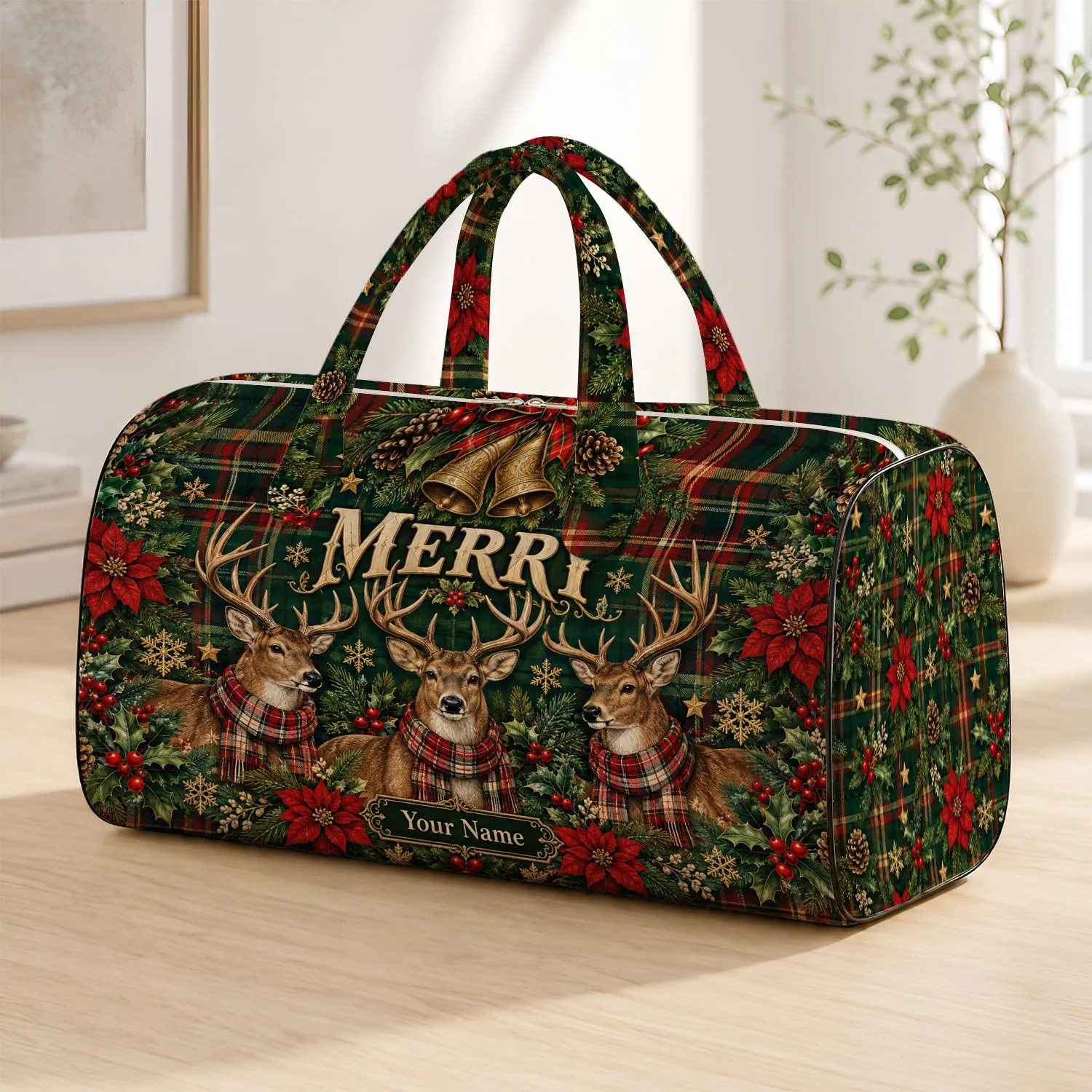 Rustic Reindeer, Bells and Evergreen Cheer for Festive Christmas and Winter Getaways Quilted Weekend Bag - 1