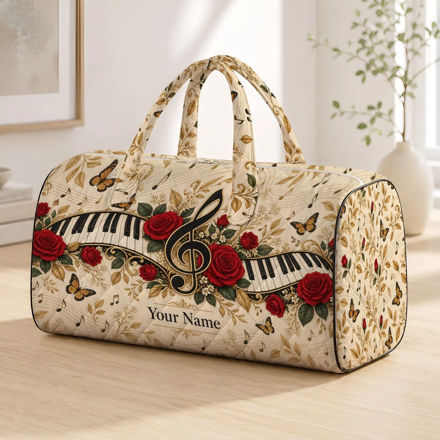 Piano Keys, Red Roses and Butterflies for Elegant Musical Travel and Weekend Escapes Quilted Weekend Bag - 1
