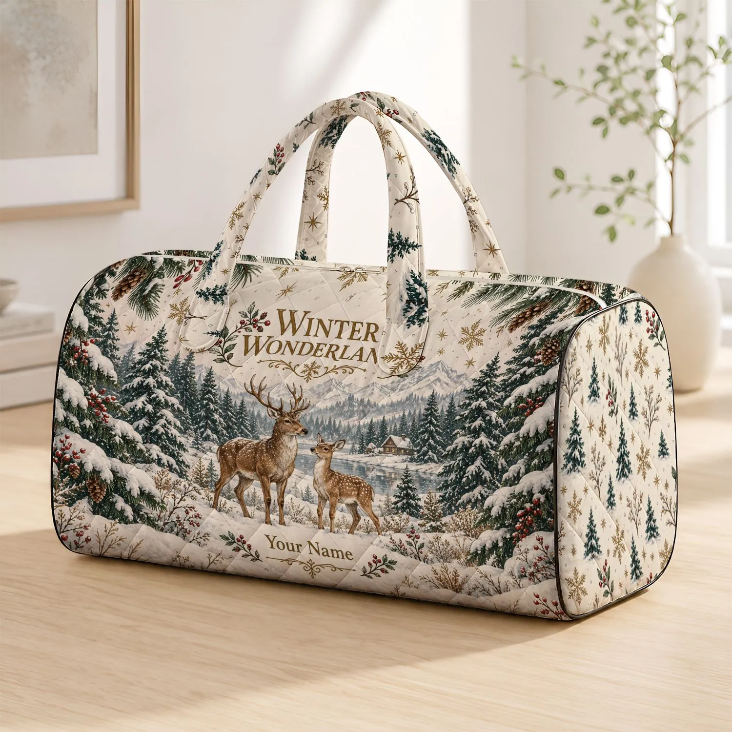 Snowy Deer and Evergreen Forest for Cozy Christmas Getaways and Seasonal Travel Adventures Quilted Weekend Bag - 1