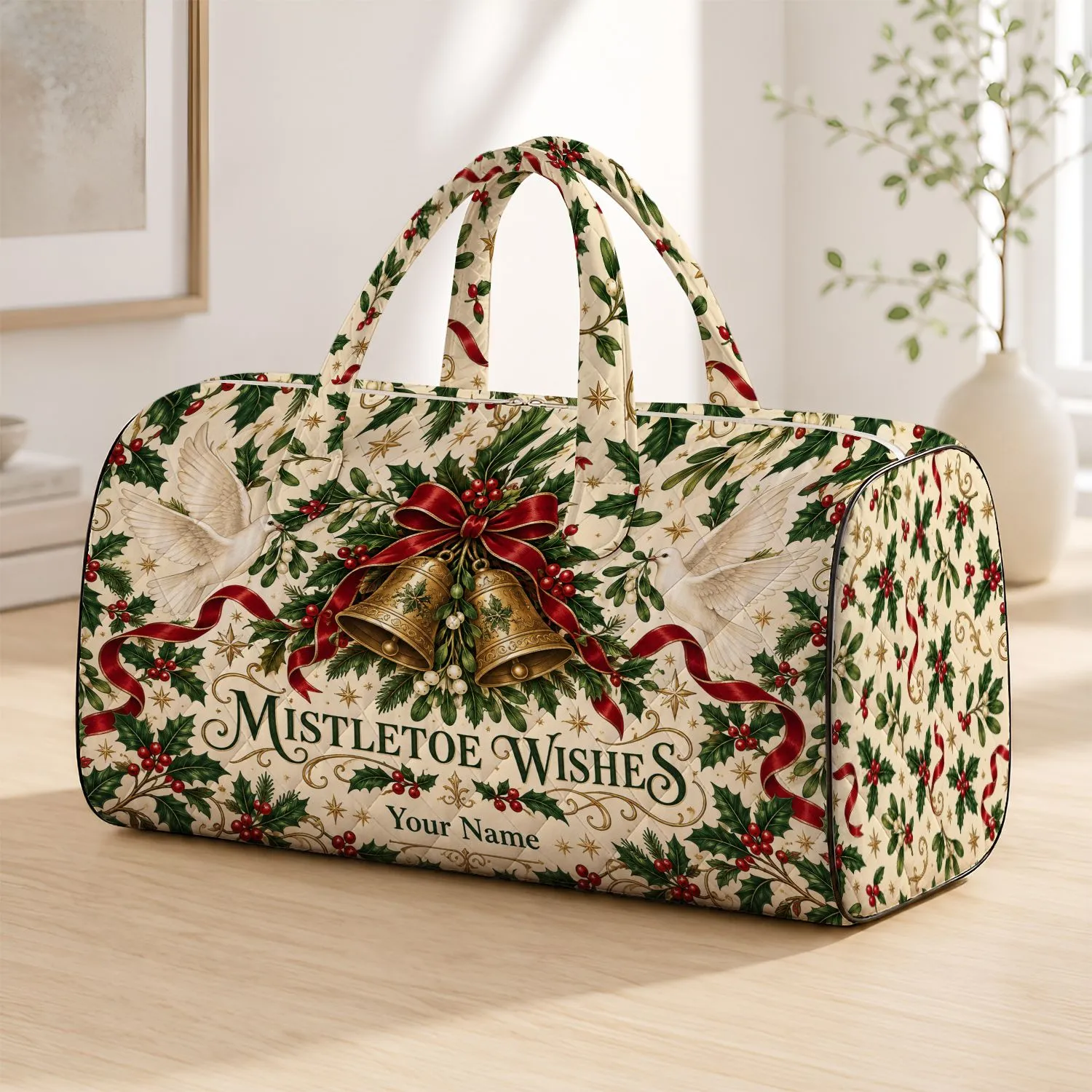 Vintage Mistletoe, Bell And Dove Holiday Cheer For Festive Christmas Getaways Quilted Weekend Bag - 1