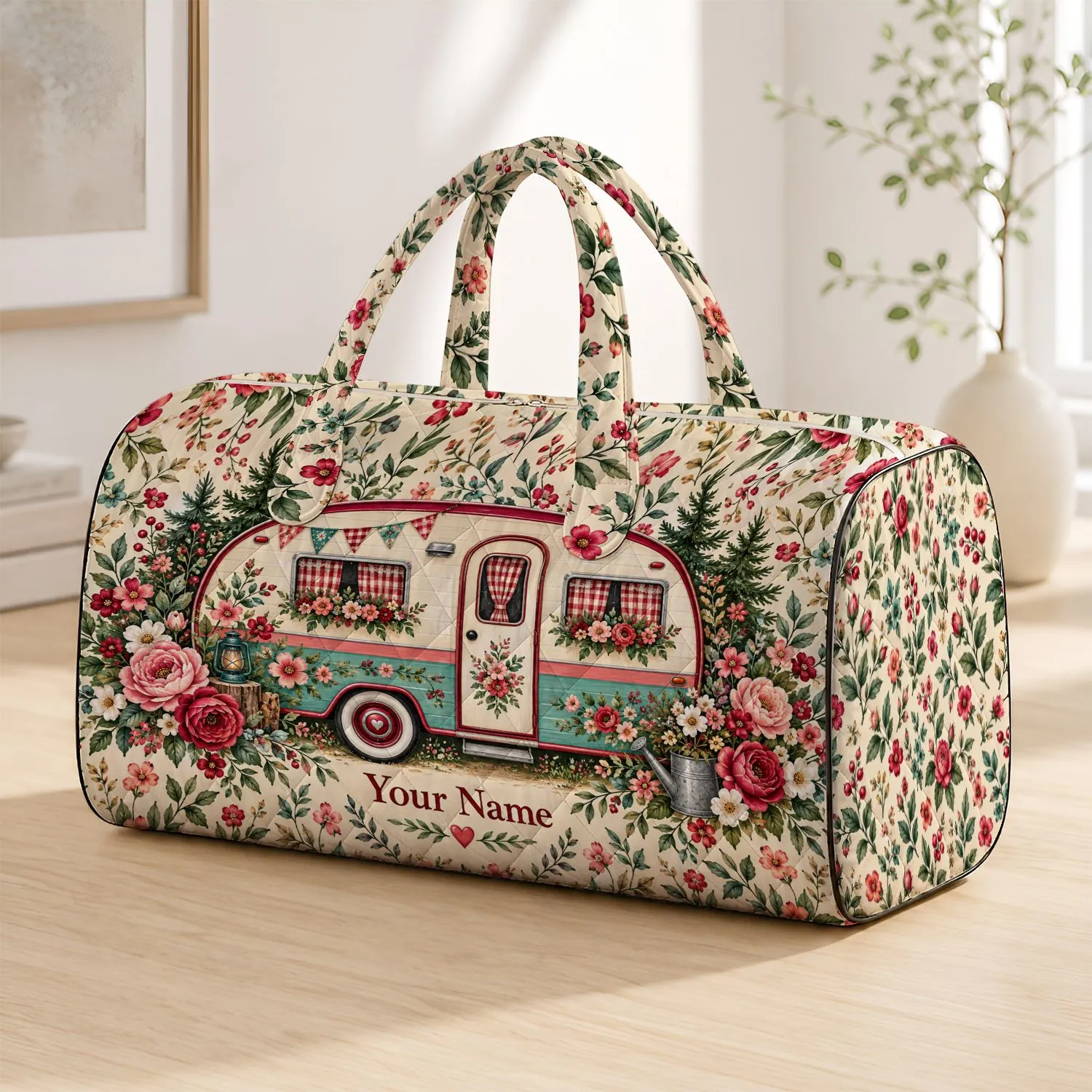 Vintage Floral Camper Trailer for Road Trip Getaways and Country Camping Lovers Everywhere Quilted Weekend Bag - 1