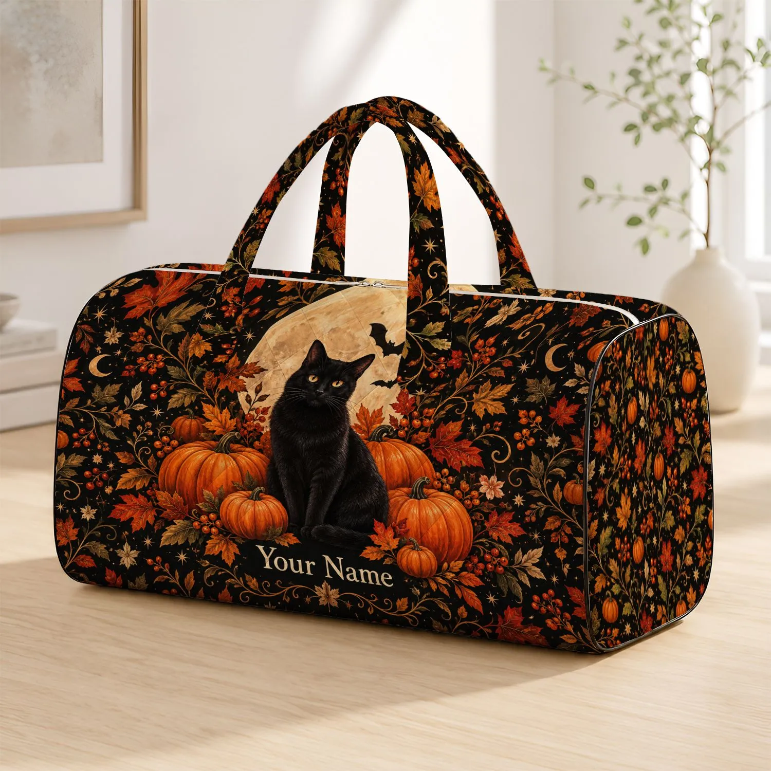 Black Cat and Pumpkin Autumn Halloween Scene for Cozy October Outings and Trick-or-Treat Quilted Weekend Bag - 1