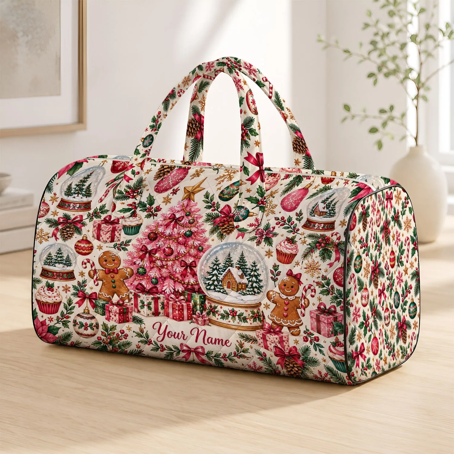 Pink Christmas Trees and Gingerbread Cheer for Festive Winter Getaways and Holiday Travel Quilted Weekend Bag - 1