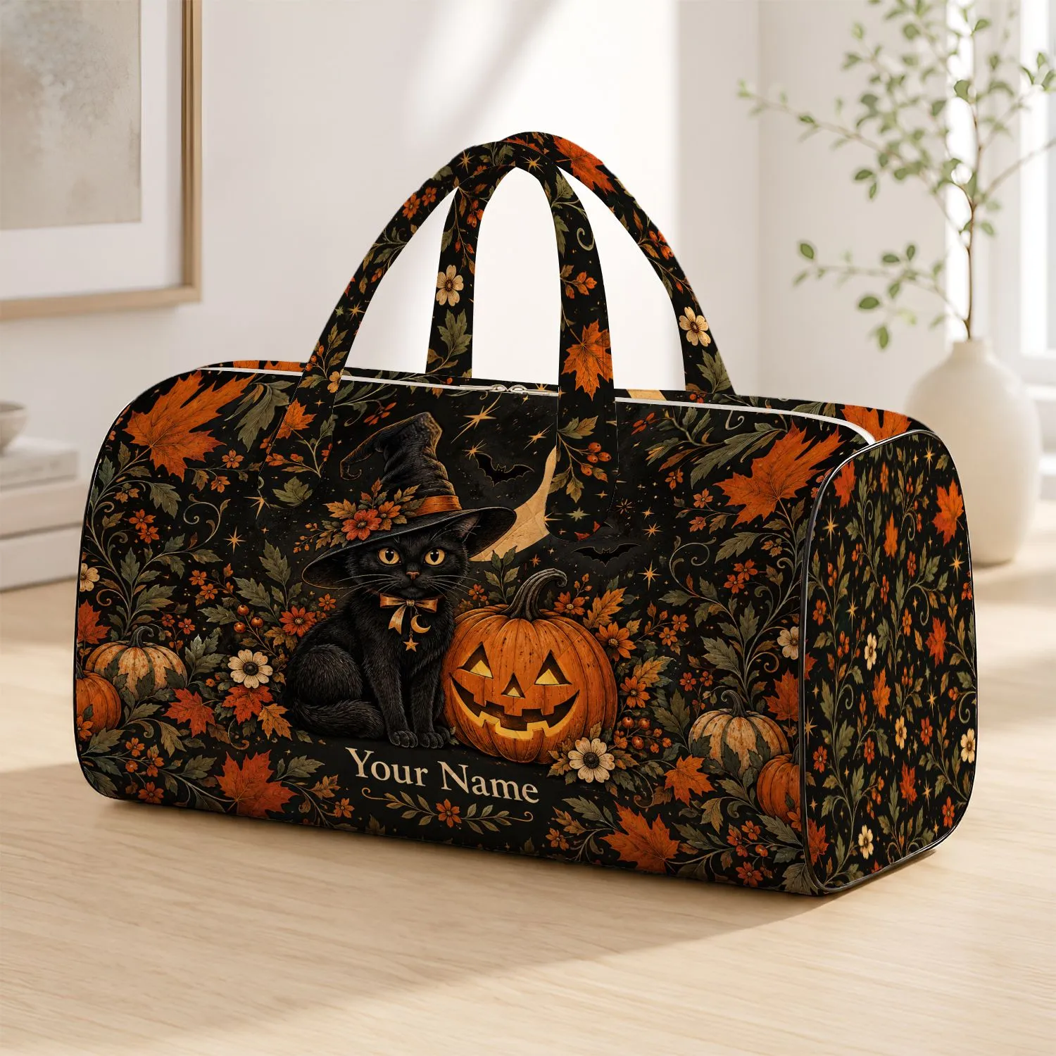 Witch Cat And Jack-O’-Lantern Halloween Charm For Cozy Autumn Getaways Quilted Weekend Bag - 1