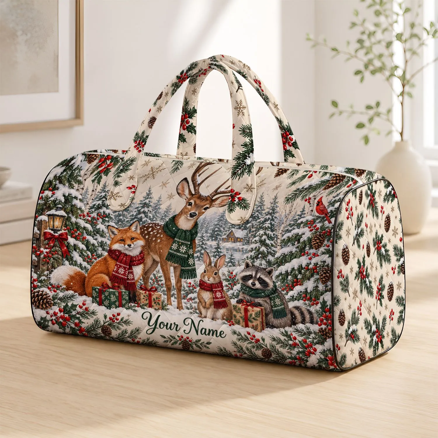Winter Woodland Deer Fox Rabbit And Raccoon Christmas Travel Gift For Nature Lovers Quilted Weekend Bag - 1