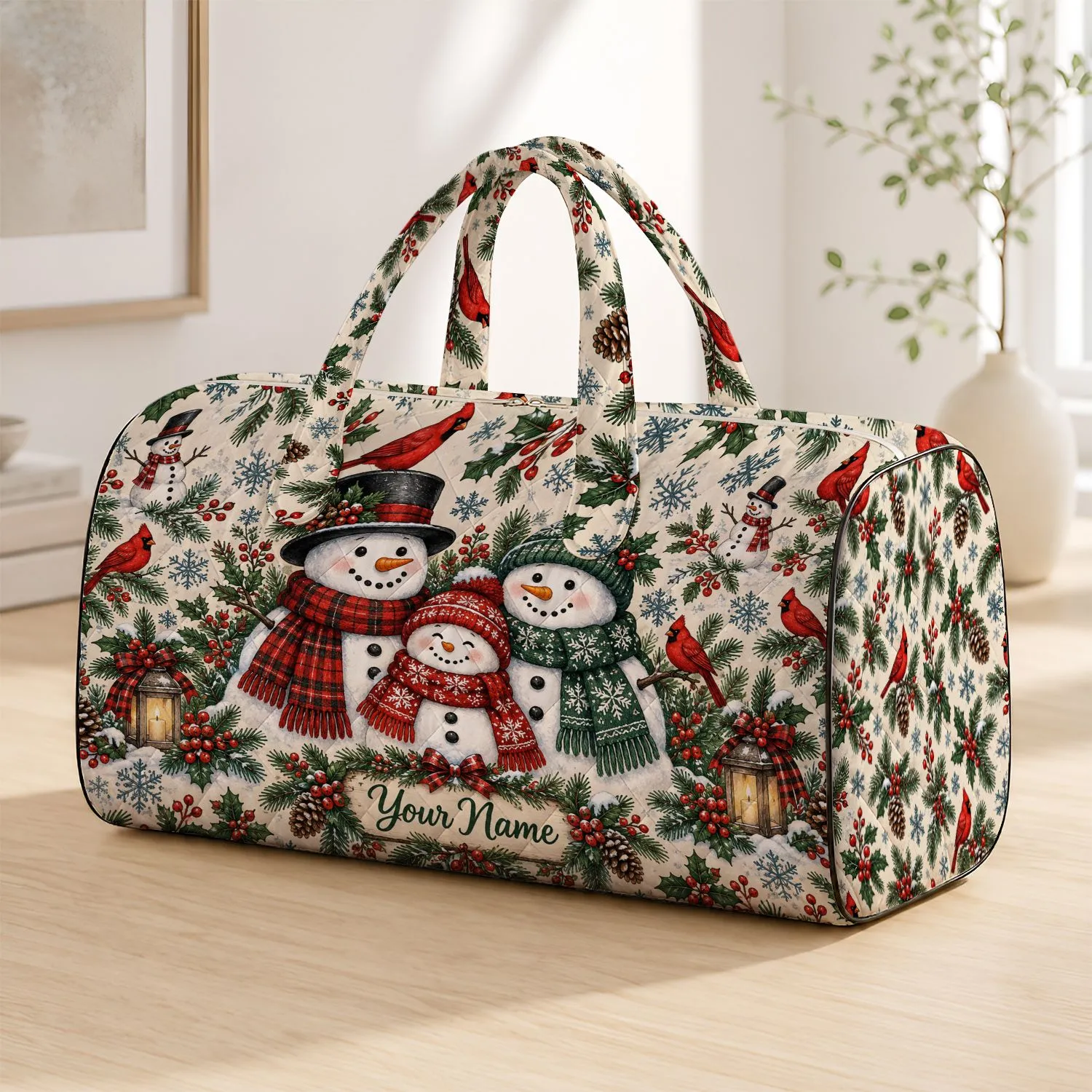 Snowmen and Cardinal Birds for Cozy Christmas Getaways and Winter Holiday Travel Quilted Weekend Bag - 1