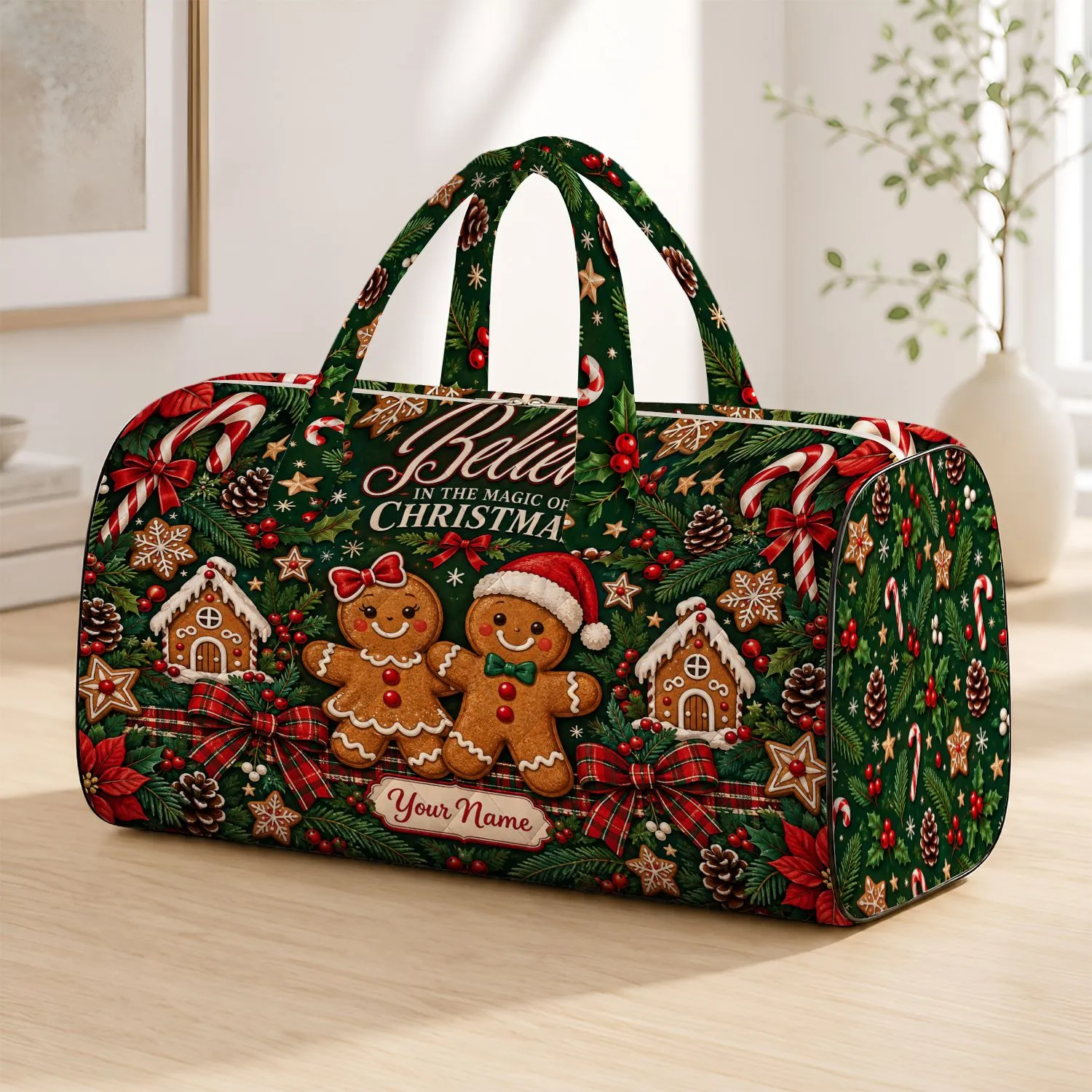 Gingerbread Couple, Candy Canes and Holly for Cozy Christmas Holiday Travel and Gifting Quilted Weekend Bag - 1