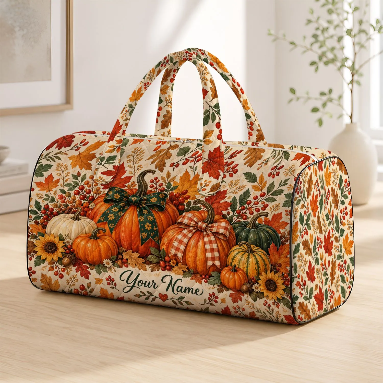 Autumn Pumpkin Bows And Maple Leaves For Cozy Harvest Getaways And Fall Travel Quilted Weekend Bag - 1