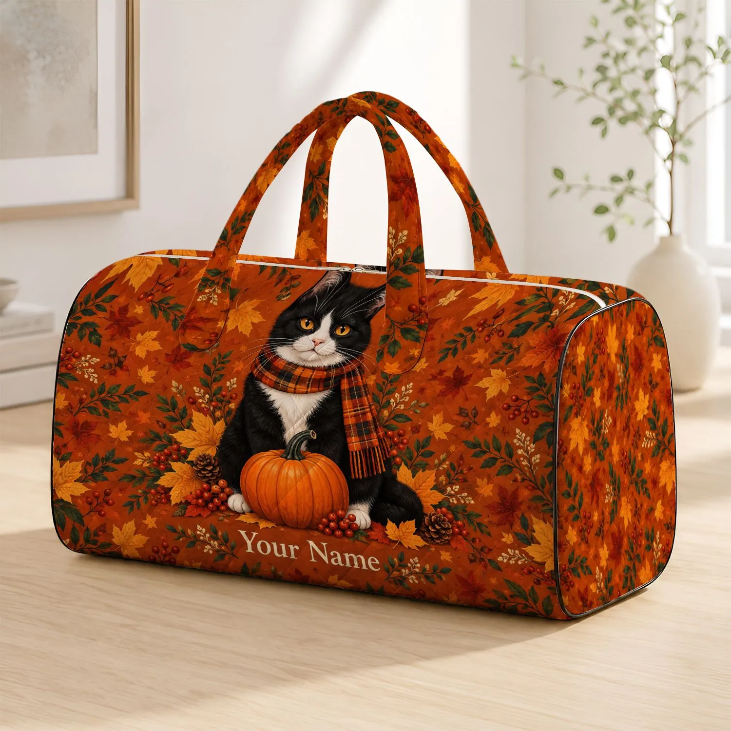 Tuxedo Cat With Pumpkin And Maple Leaves For Cozy Autumn Travel And Harvest Getaways Quilted Weekend Bag - 1
