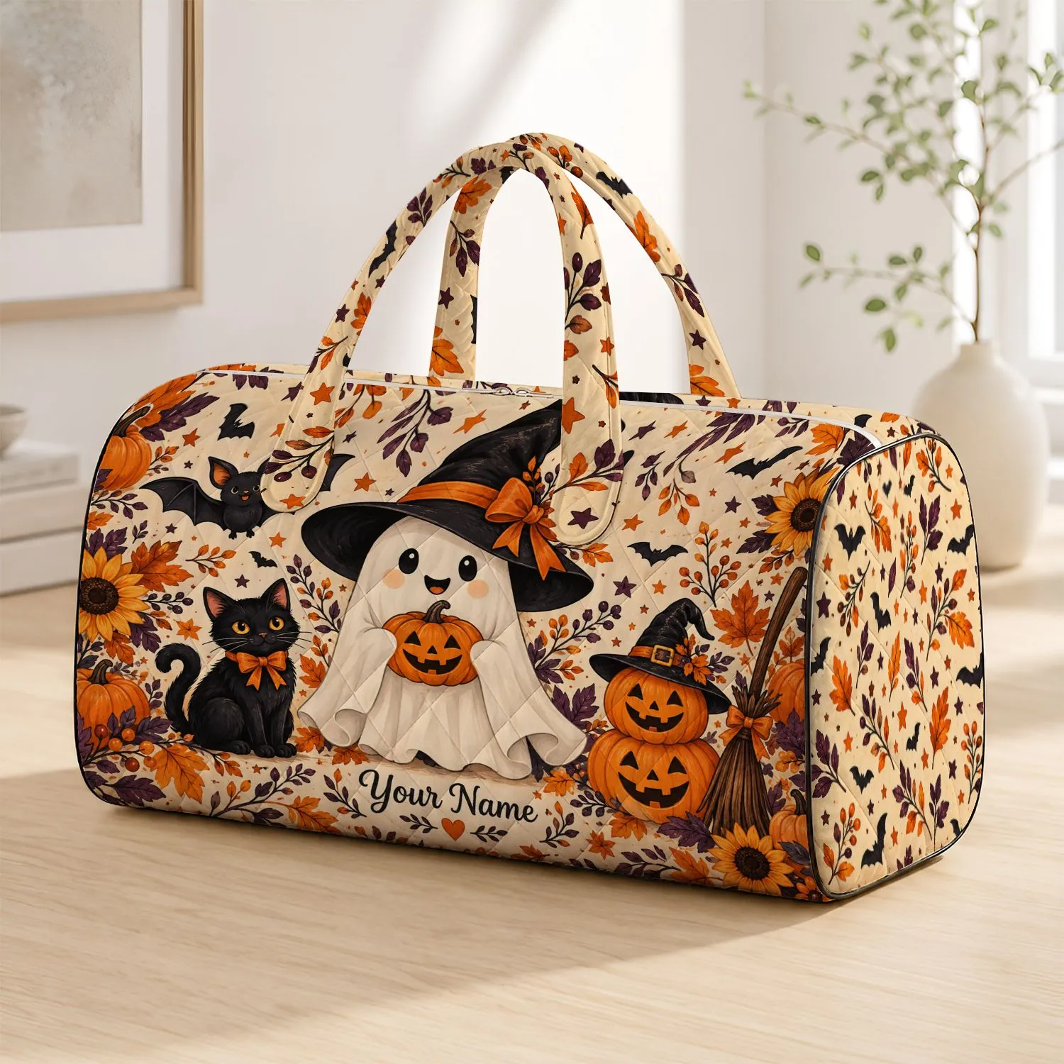 Halloween Ghost, Black Cat and Pumpkin Magic for Cozy Autumn Night Adventures Quilted Weekend Bag - 1