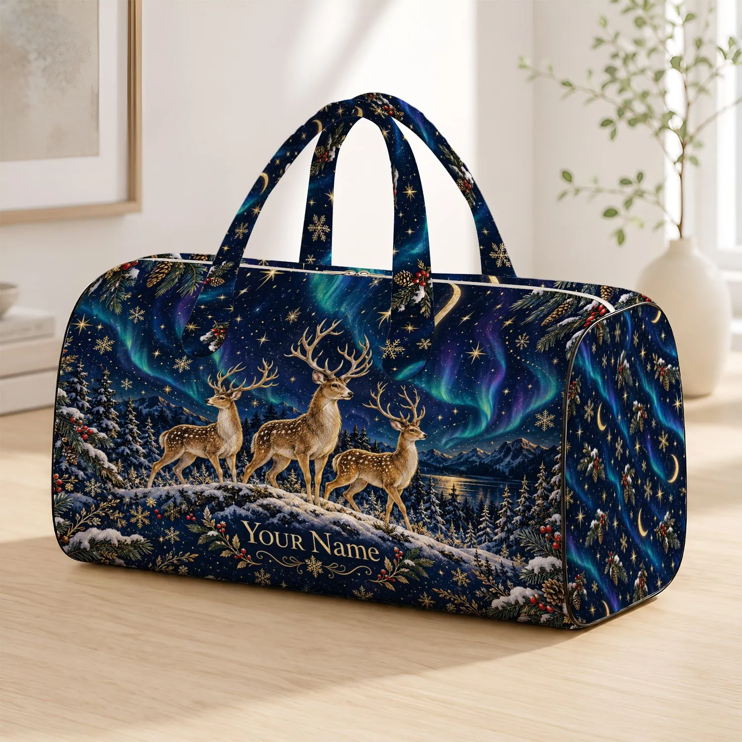Aurora Deer Under a Starry Christmas Sky for Festive Holiday Getaways Quilted Weekend Bag - 1