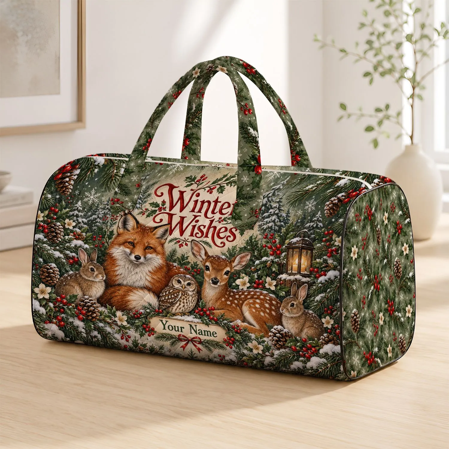Woodland Fox, Deer, Owl and Rabbit for Cozy Winter Holiday Getaways and Seasonal Gifting Quilted Weekend Bag - 1