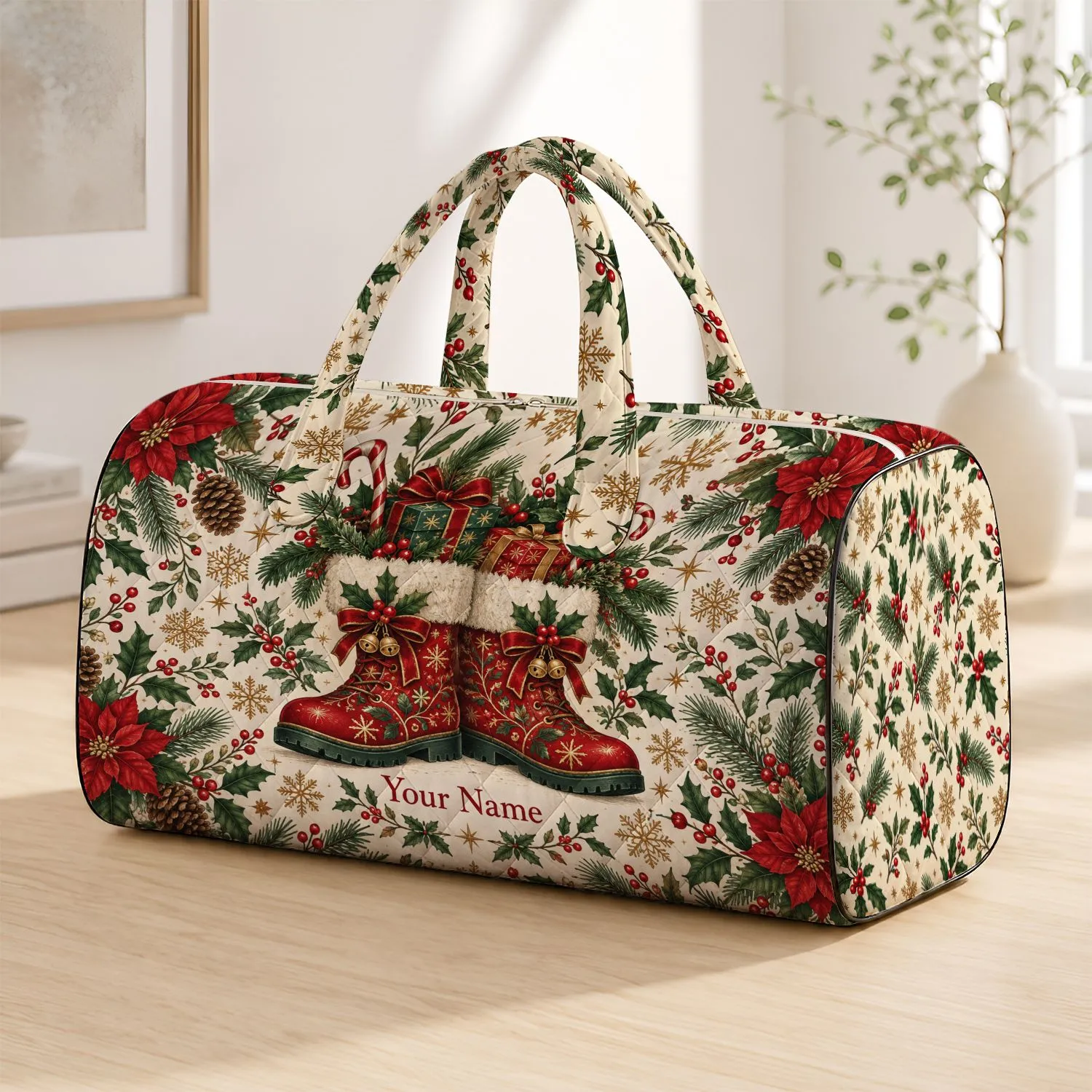 Vintage Christmas Red Boots and Wrapped Gifts for Cozy Holiday Getaways for Women Quilted Weekend Bag - 1