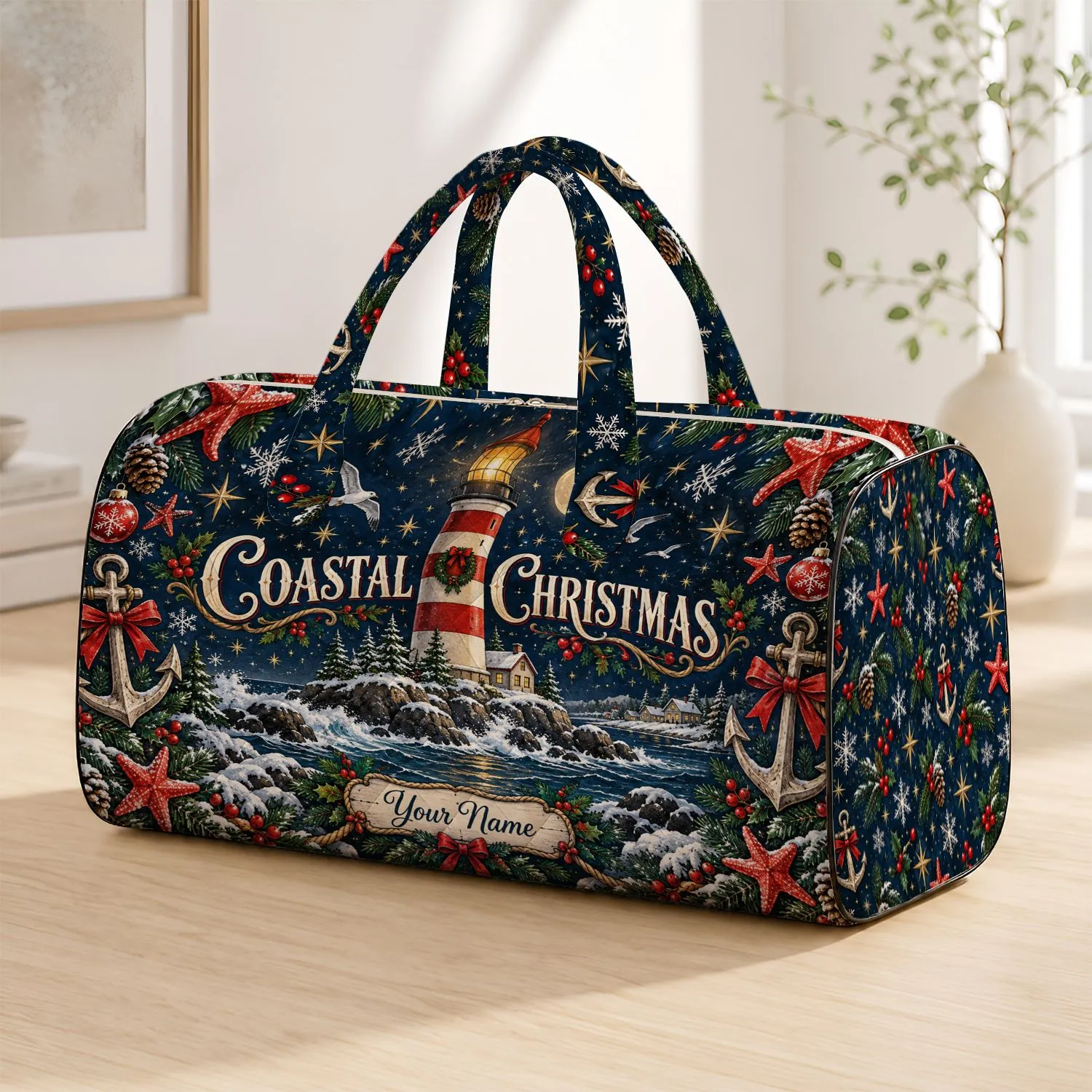 Coastal Christmas Lighthouse Anchor Starfish for Festive Seaside Holiday Getaways Quilted Weekend Bag - 1