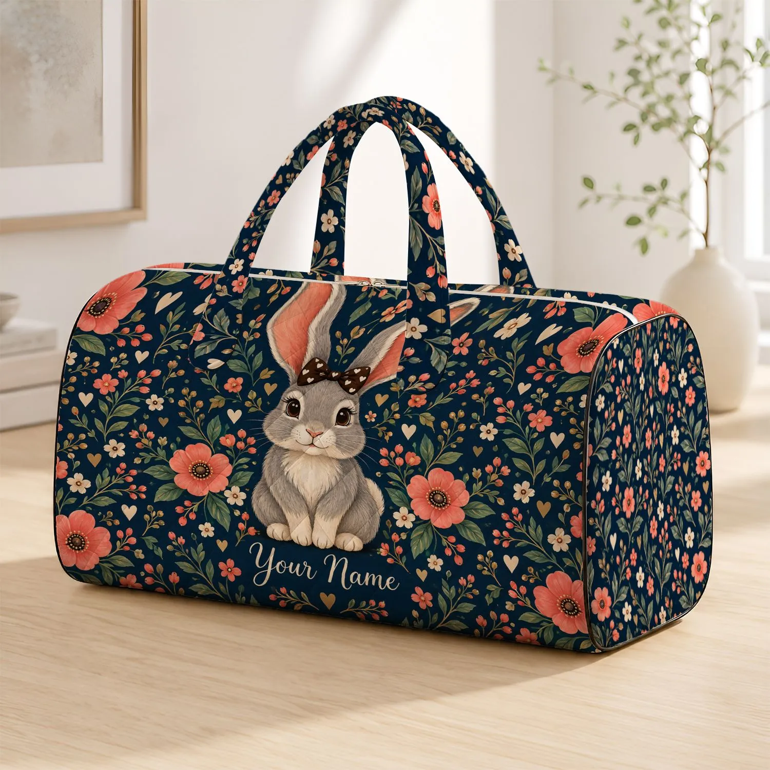 Gray Bunny with Coral Bow and Flowers for Cheerful Weekend Getaways and Daily Travel Quilted Weekend Bag - 1