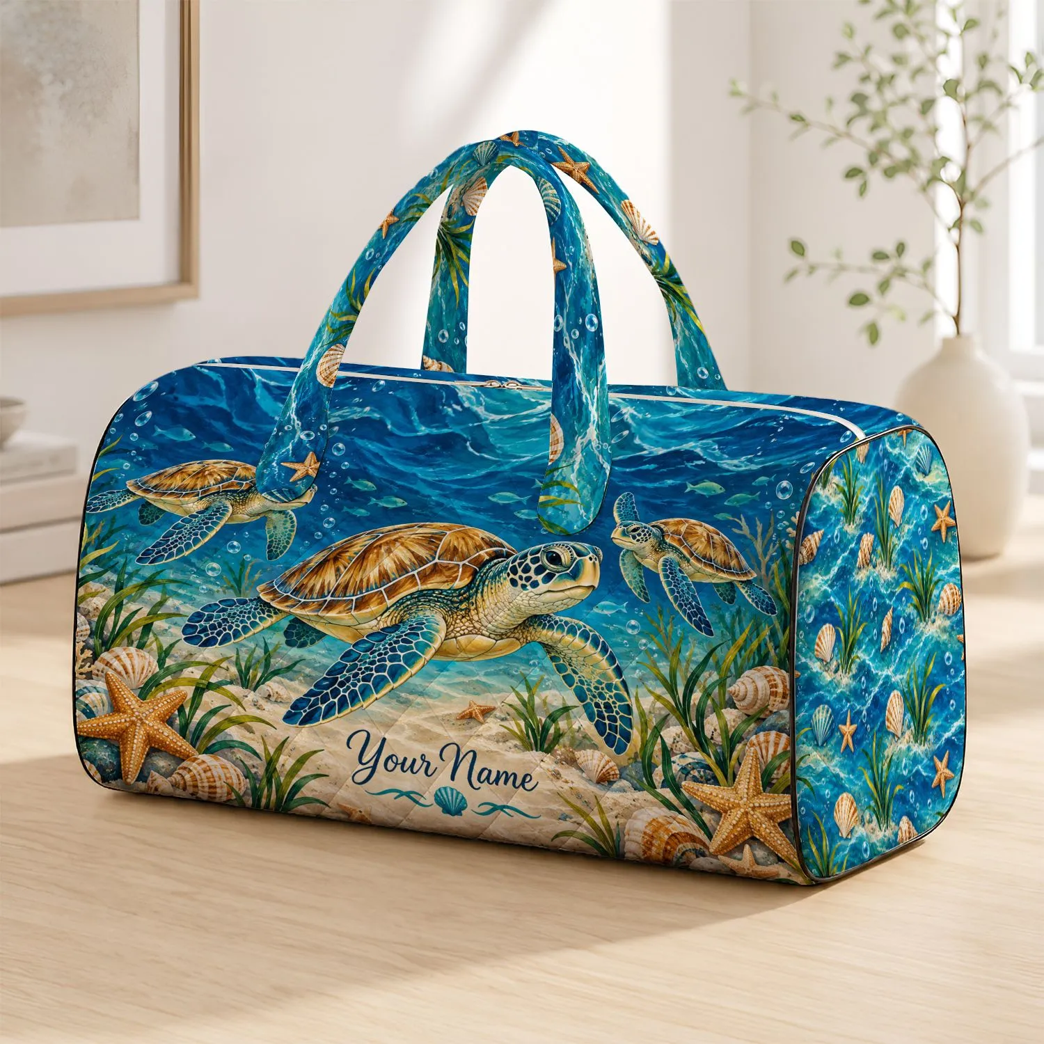Sea Turtle And Seashell Coastal Motifs For Sunny Summer Beach Getaways And Holidays Quilted Weekend Bag - 1