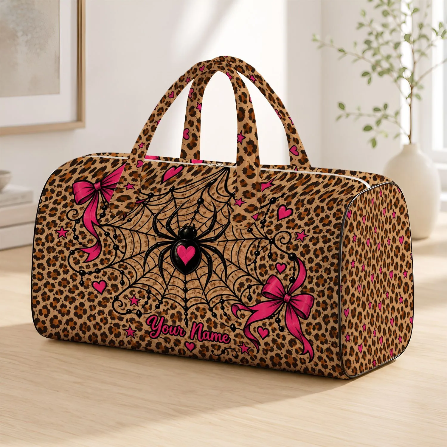 Leopard Spiderweb Bow Heart Motif for Festive Getaways and Stylish Women Travelers Quilted Weekend Bag - 1