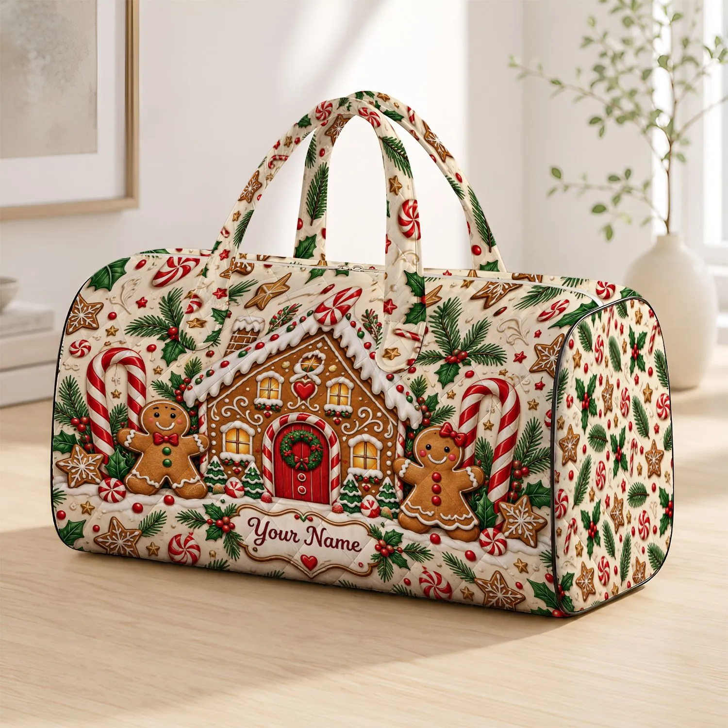 Gingerbread House and Candy Canes for Cozy Christmas Holiday Travel Gift Giving Joy Quilted Weekend Bag - 1