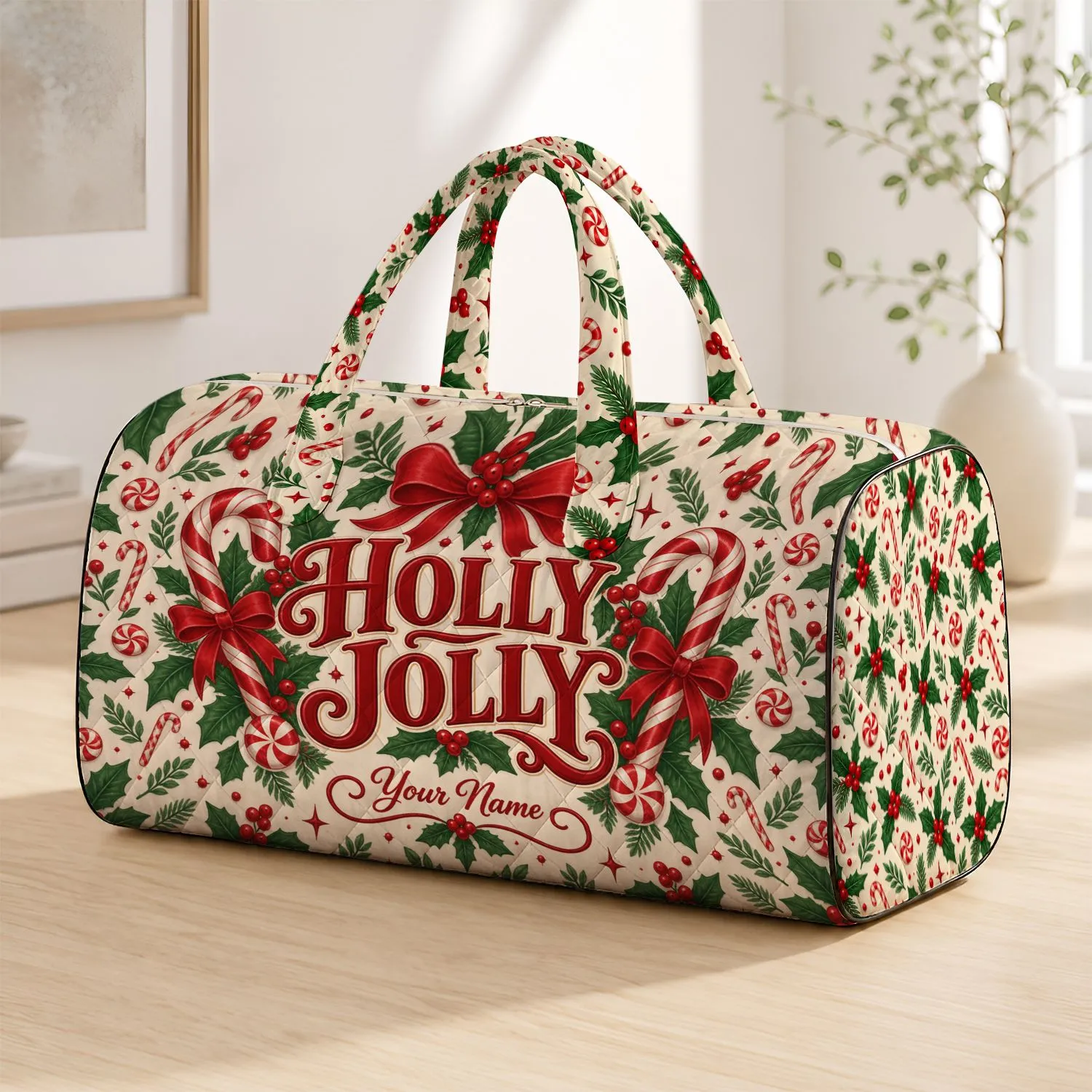 Candy Cane Holly Bow Christmas Cheer for Festive Holiday Getaways and Winter Travel Quilted Weekend Bag - 1