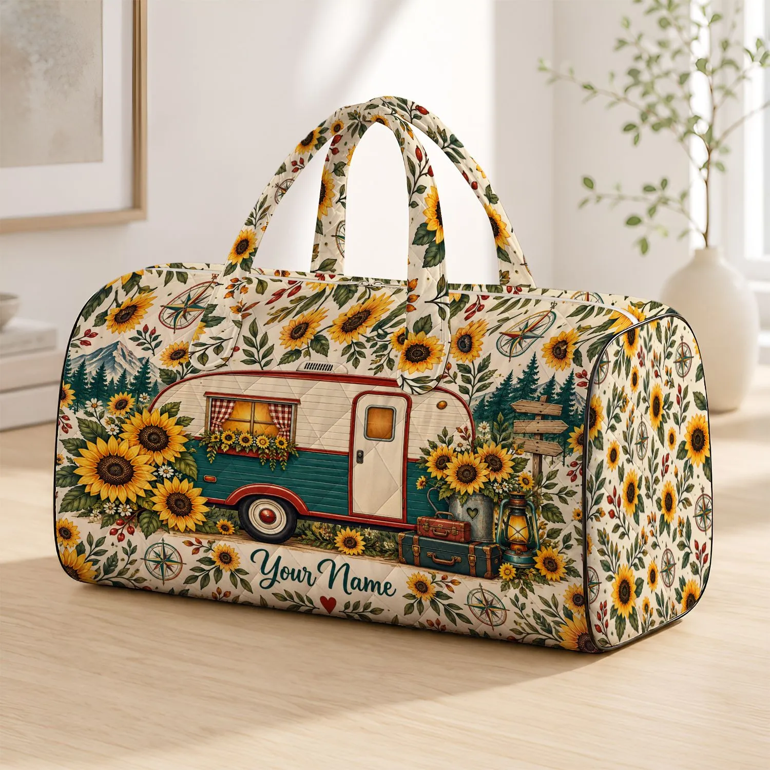 Sunflower Camper Van in Golden Wildflower Fields for Relaxed Road Trip and Camping Quilted Weekend Bag - 1