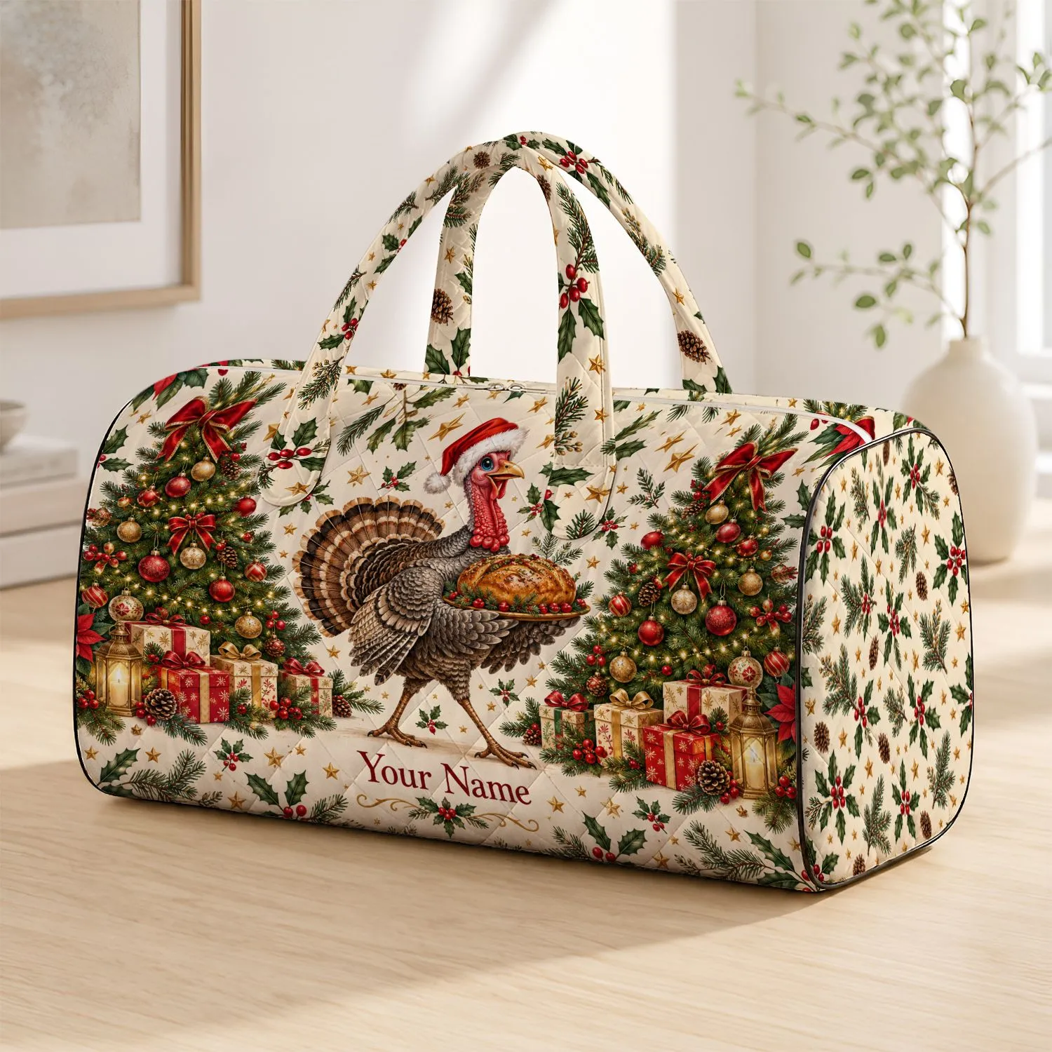 Christmas Turkey And Evergreen Trees For Festive Holiday Getaways And Winter Travel Quilted Weekend Bag - 1