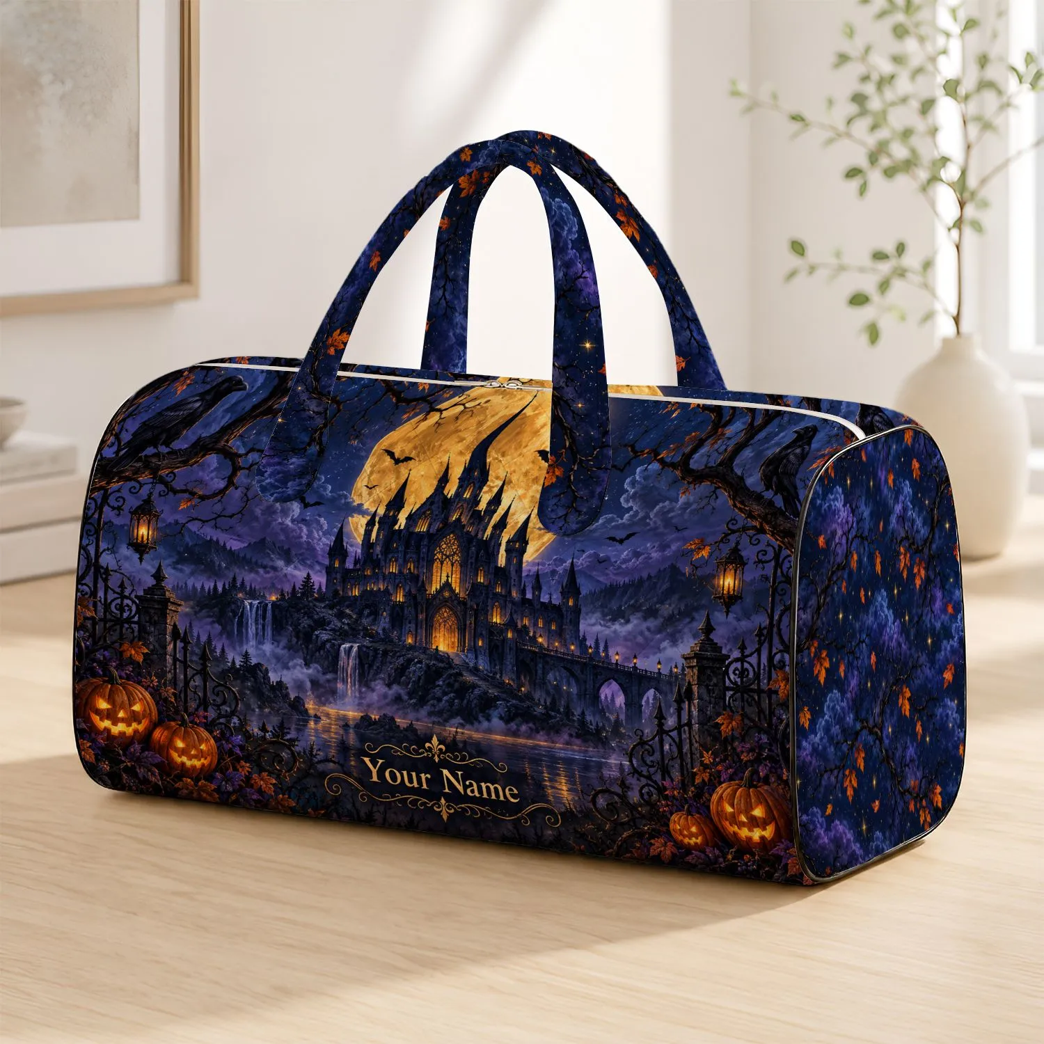 Haunted Castle Full Moon Bats and Pumpkins for Spooky Autumn Getaways and Halloween Quilted Weekend Bag - 1