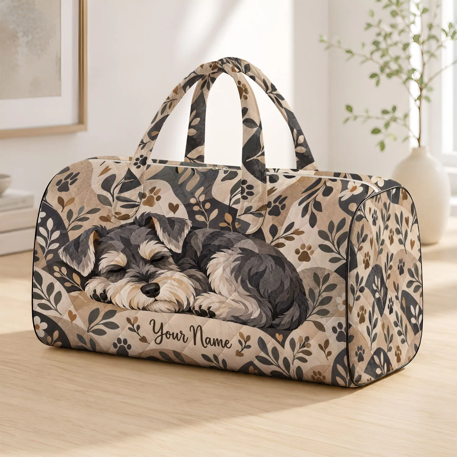 Sleeping Schnauzer Neutral Patchwork Style Travel Gift for Dog Lovers and Pet Owners Quilted Weekend Bag - 1