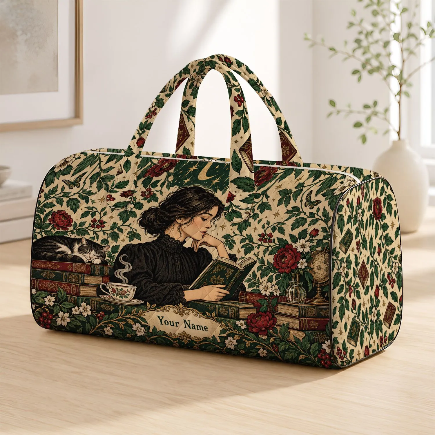 Vintage Literary Woman With Books for Bookish Weekend Getaways and Reading Retreats Quilted Weekend Bag - 1