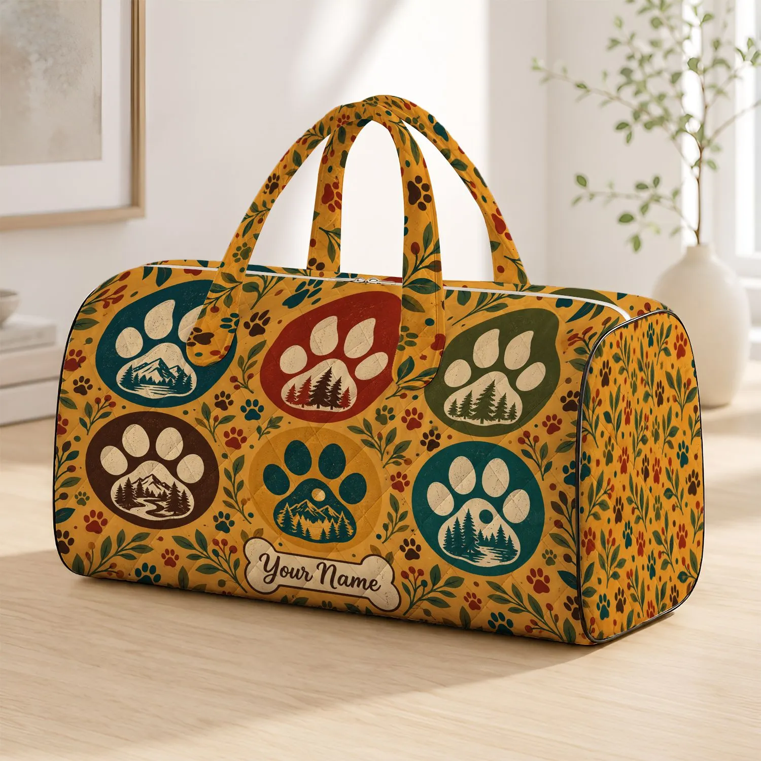 Retro Paw Print Color Blocks for Camping Getaways and Relaxed Weekend Adventures Quilted Weekend Bag - 1