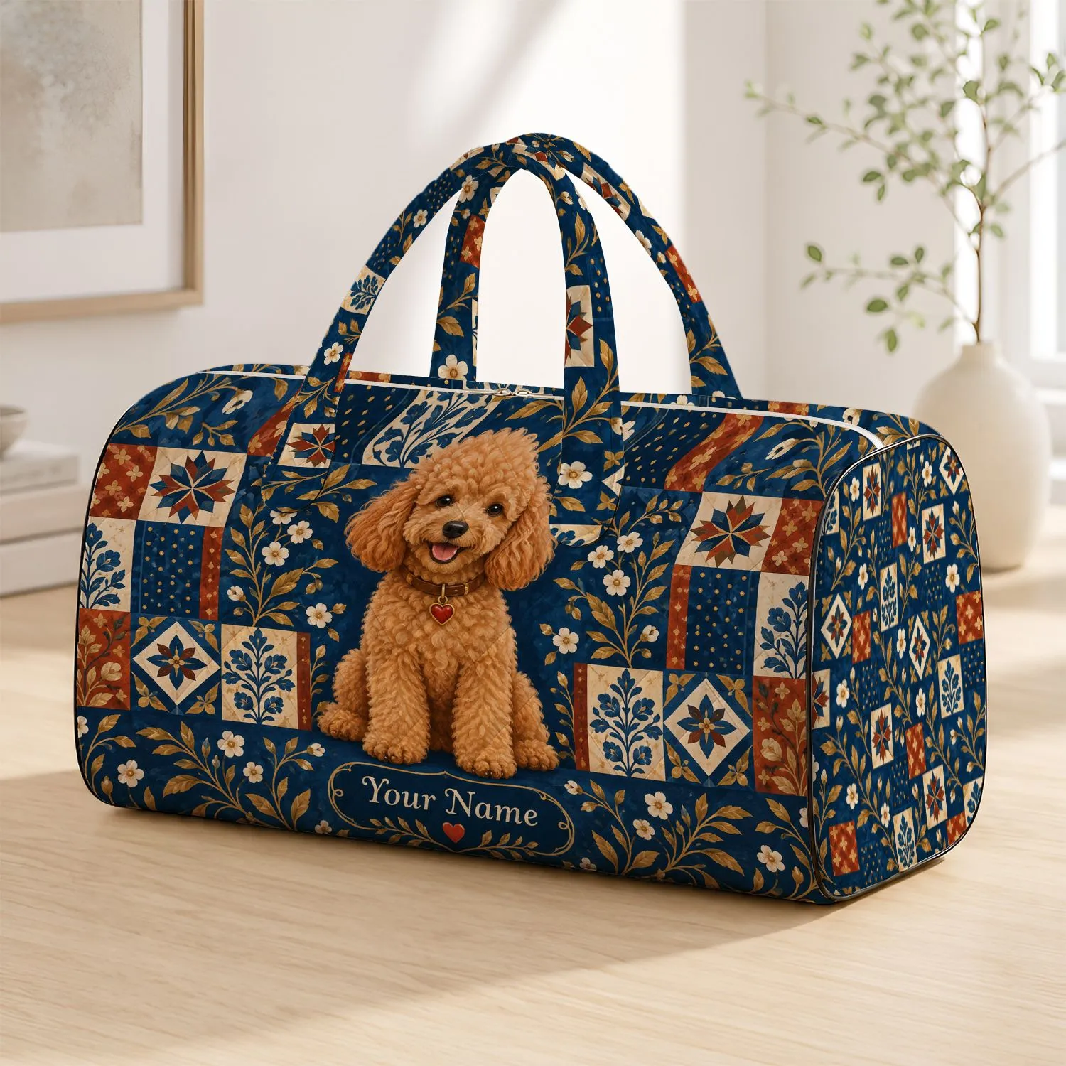 Golden Curly Puppy Heart Medallion for Cozy Cottage Getaways and Dog Lover Gifts Quilted Weekend Bag - 1