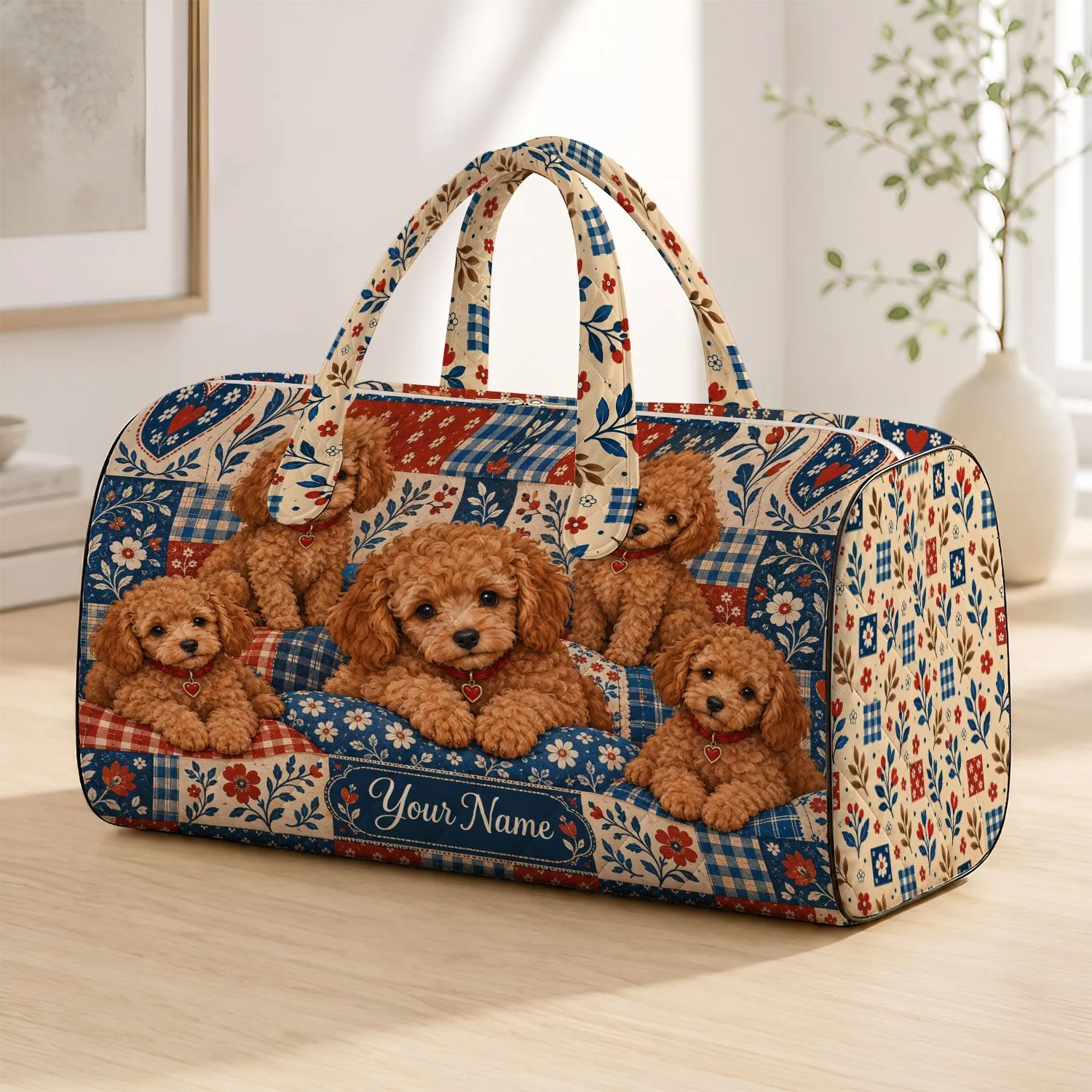 Curly Poodle Puppy Patchwork for Cozy Weekend Getaways and Dog Lover Travel Quilted Weekend Bag - 1