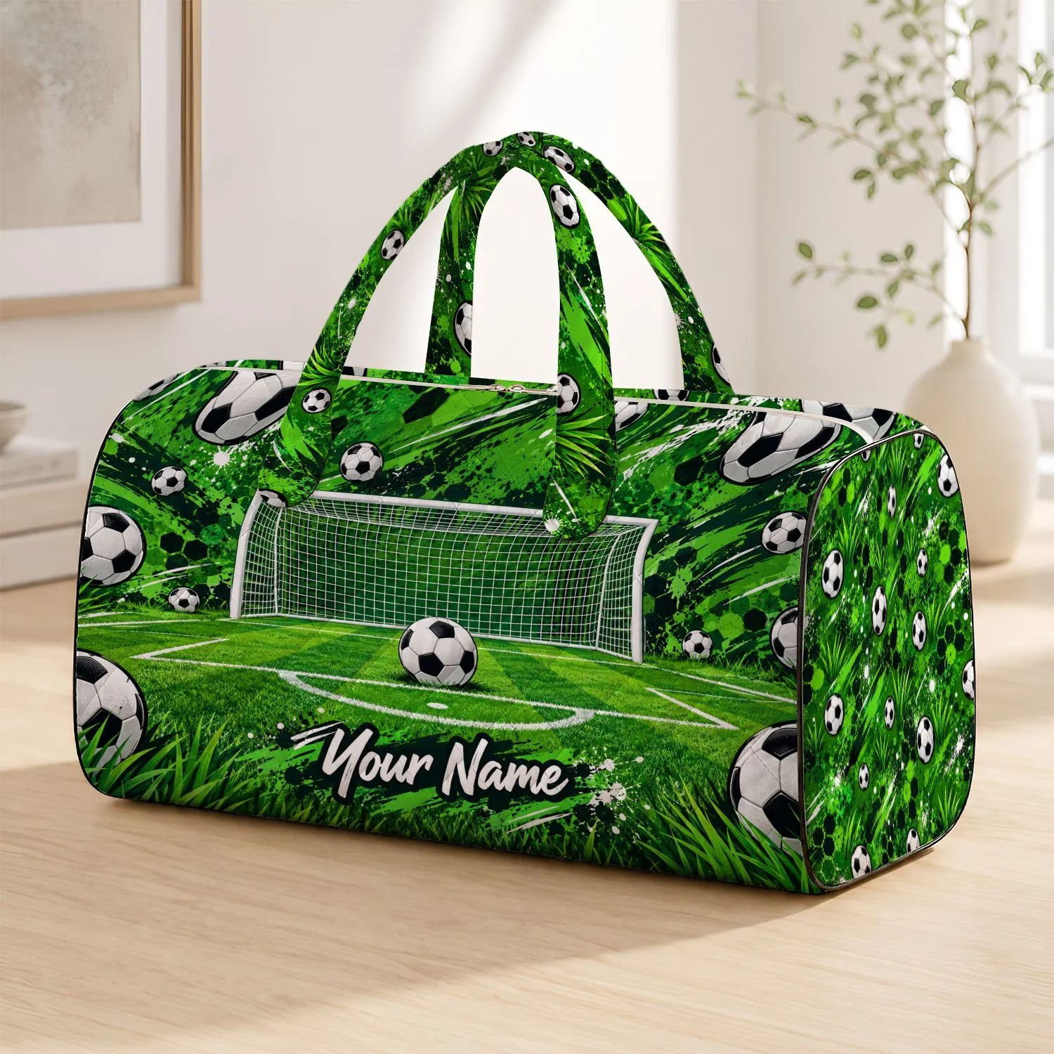 Soccer Ball and Goal Artwork for Weekend Getaways and Sports Travel for Fans Quilted Weekend Bag - 1