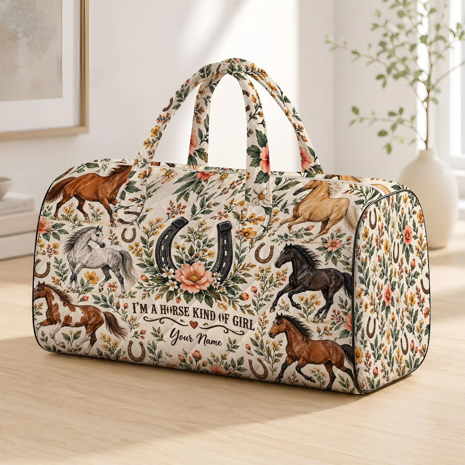 Watercolor Horse Herd and Horseshoe Blooms for Equestrian Getaways and Farm Days Quilted Weekend Bag - 1