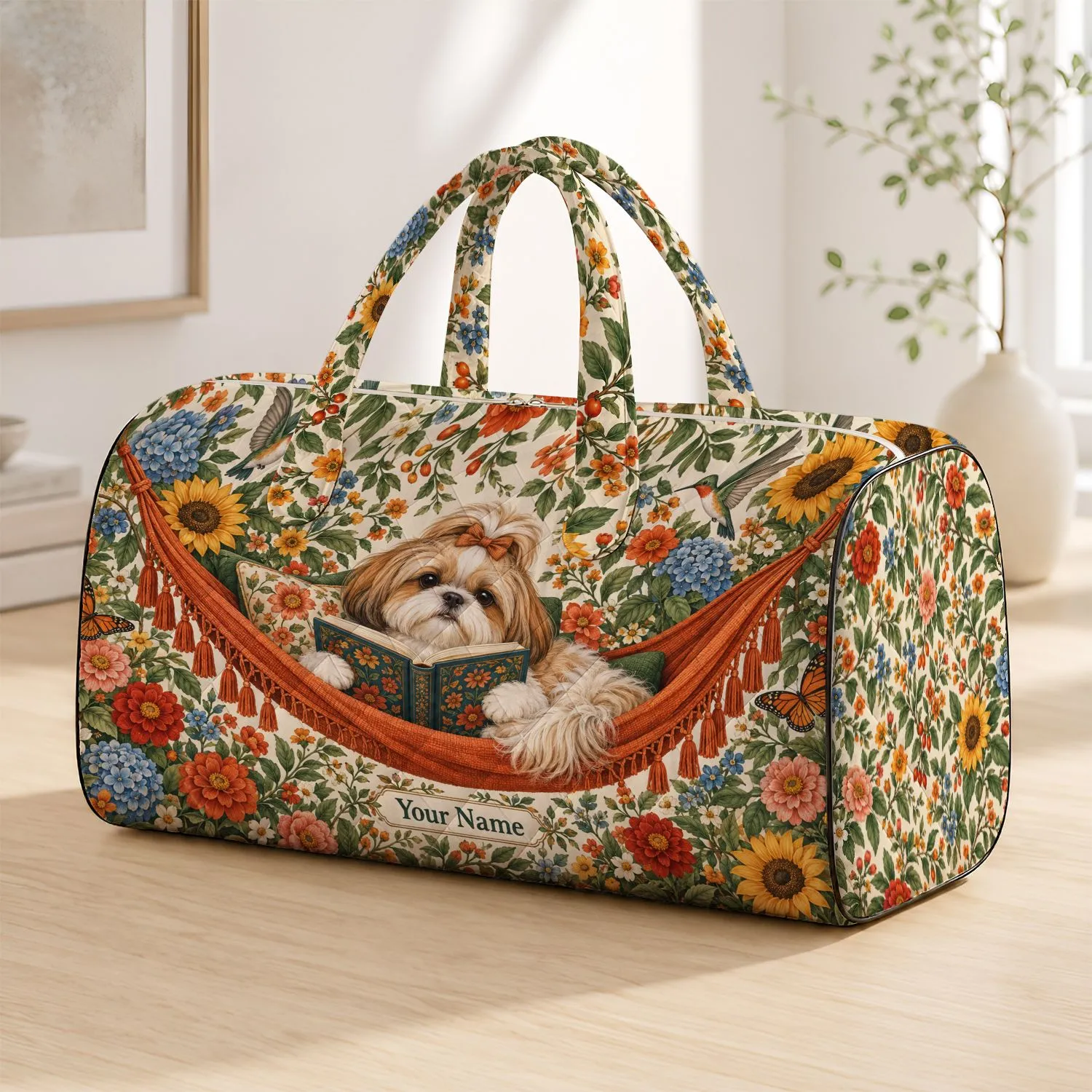 Shih Tzu Reading In A Floral Hammock For Cozy Weekend Getaways And Book Lovers Quilted Weekend Bag - 1