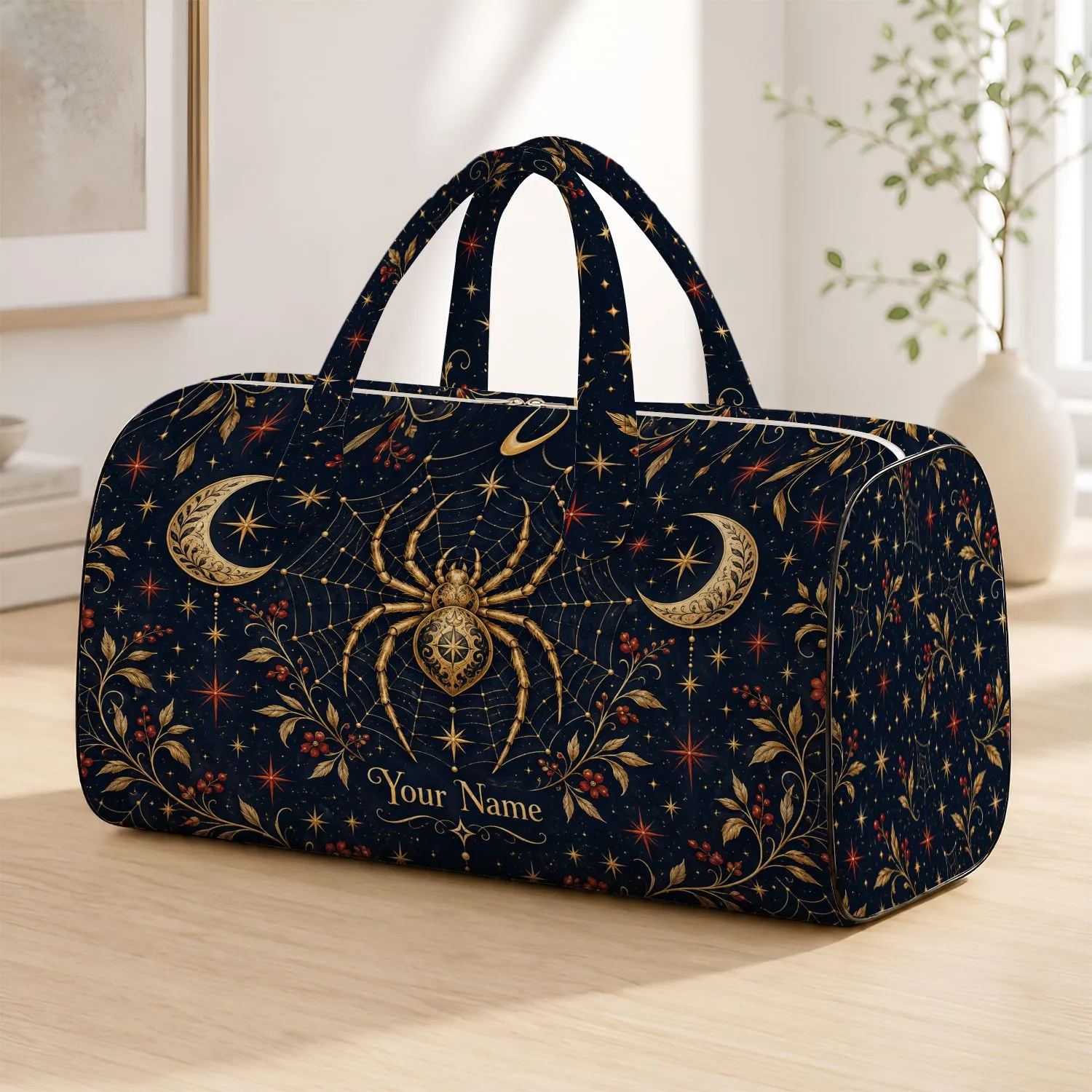 Golden Spiderweb and Crescent Moons for Enchanted Winter Getaways and Night Travel Quilted Weekend Bag - 1