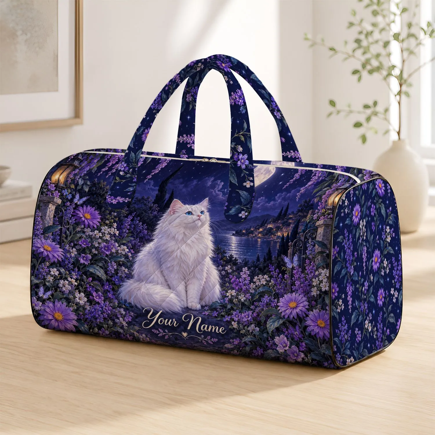 White Cat And Purple Daisies Under Stars For Dreamy Weekend Getaways Quilted Weekend Bag - 1