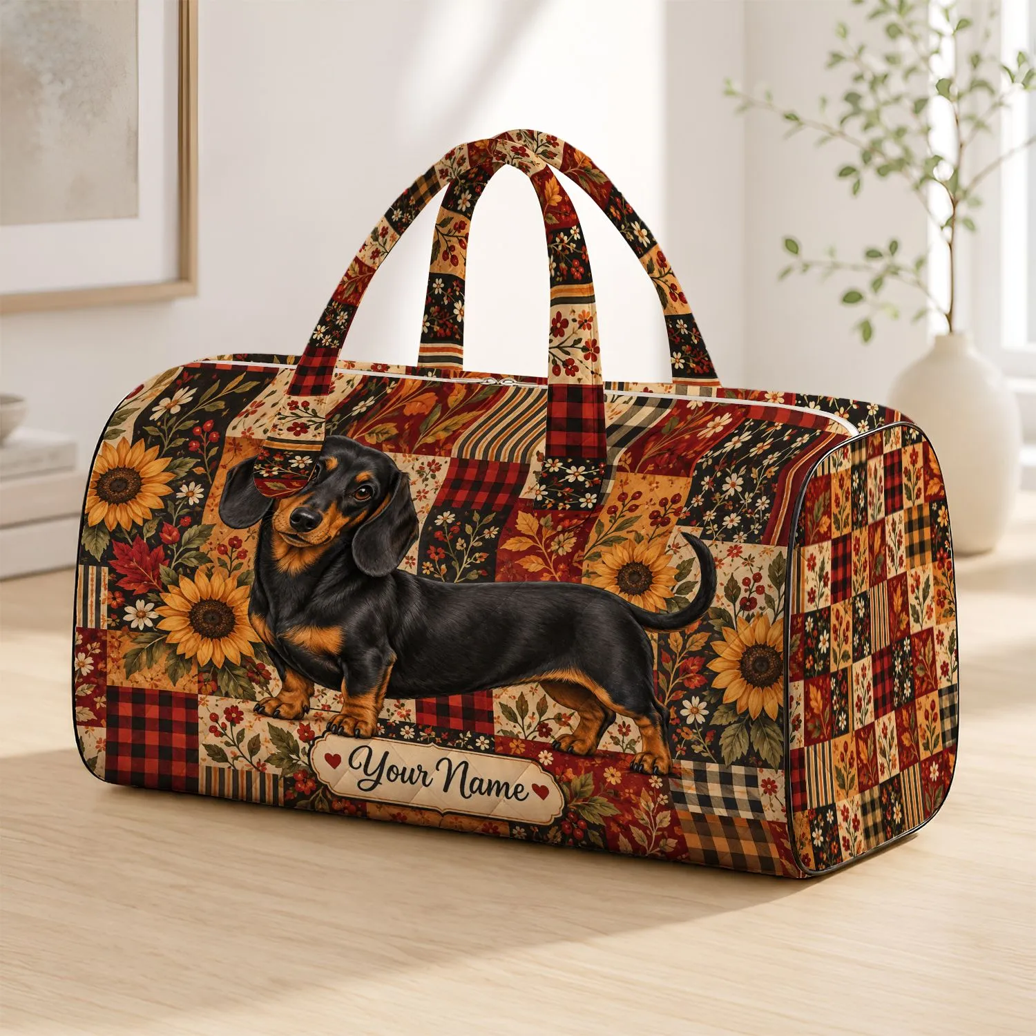 Black Dachshund and Rustic Patchwork for Cozy Country Getaways and Dog-Loving Travelers Quilted Weekend Bag - 1