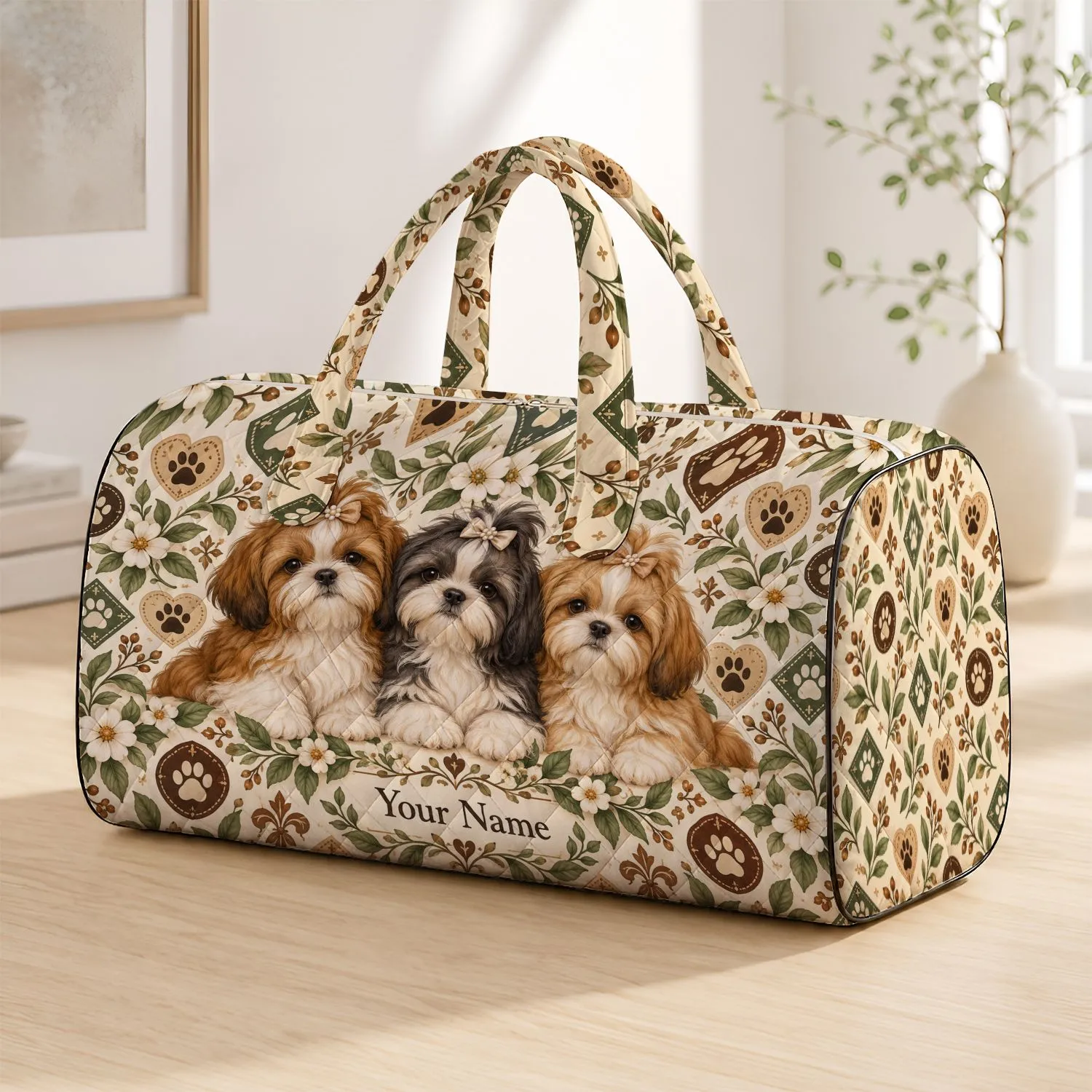 Three Shih Tzu Puppies Paw Prints for Cozy Getaways and Dog Lover Travel Quilted Weekend Bag - 1