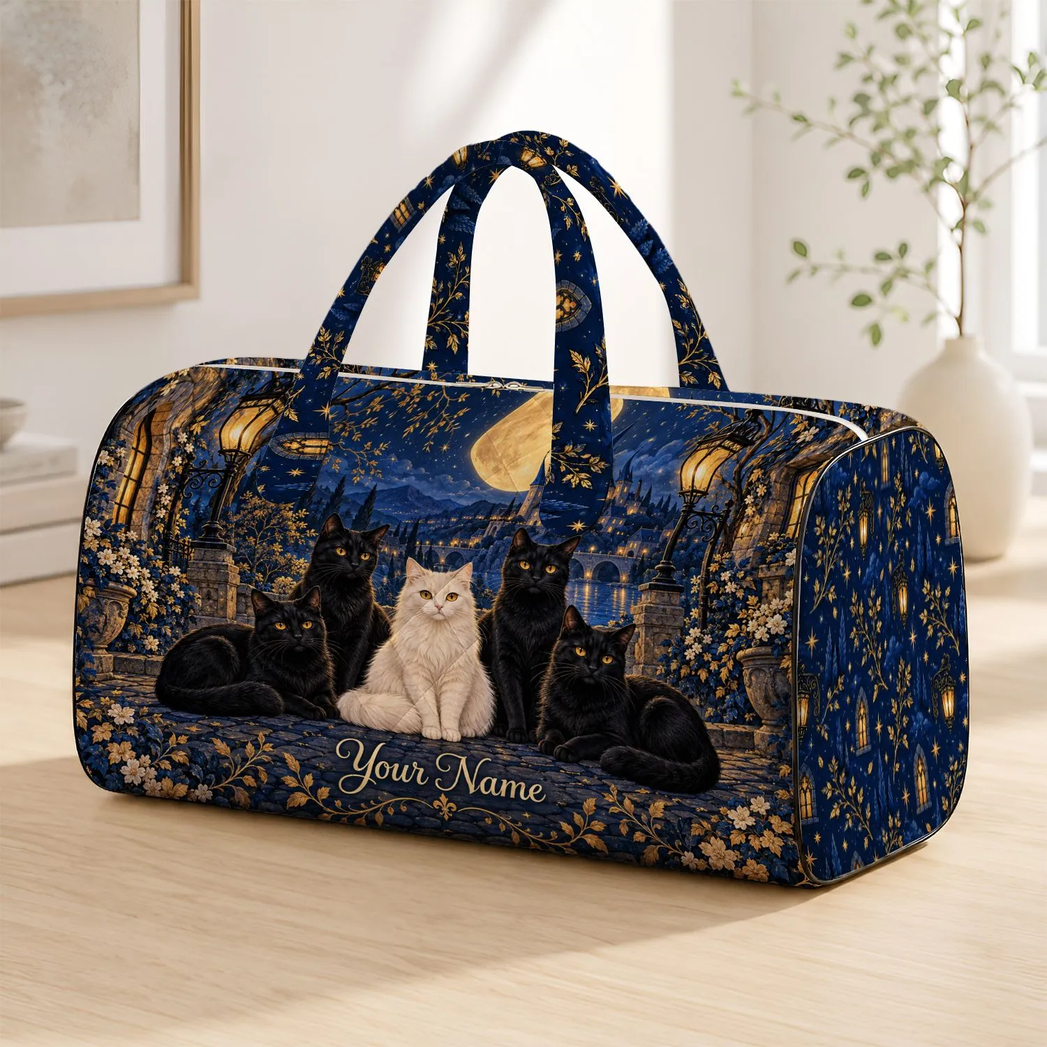 Moonlit Castle Cats Under Golden Streetlamps for Whimsical Nighttime Travel Escapes Quilted Weekend Bag - 1