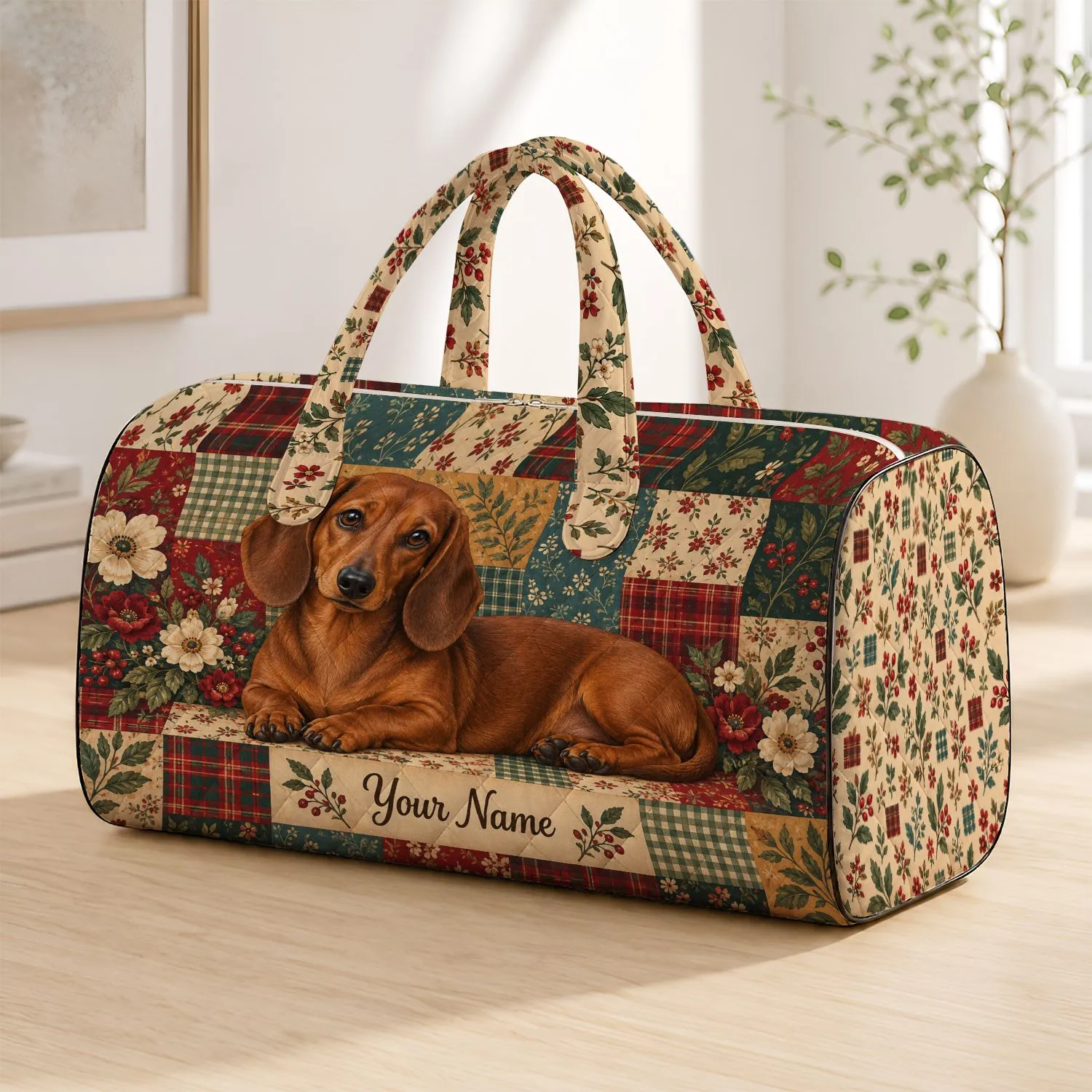 Dachshund in Vintage Floral Patchwork for Cozy Weekend Getaways and Thoughtful Gifts Quilted Weekend Bag - 1