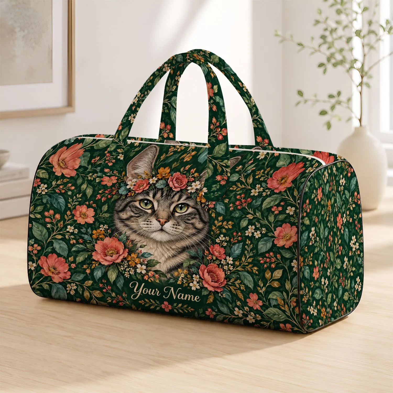 Floral Crown Tabby Cat With Forest Blooms For Nature Loving Everyday Travel Adventures Quilted Weekend Bag - 1
