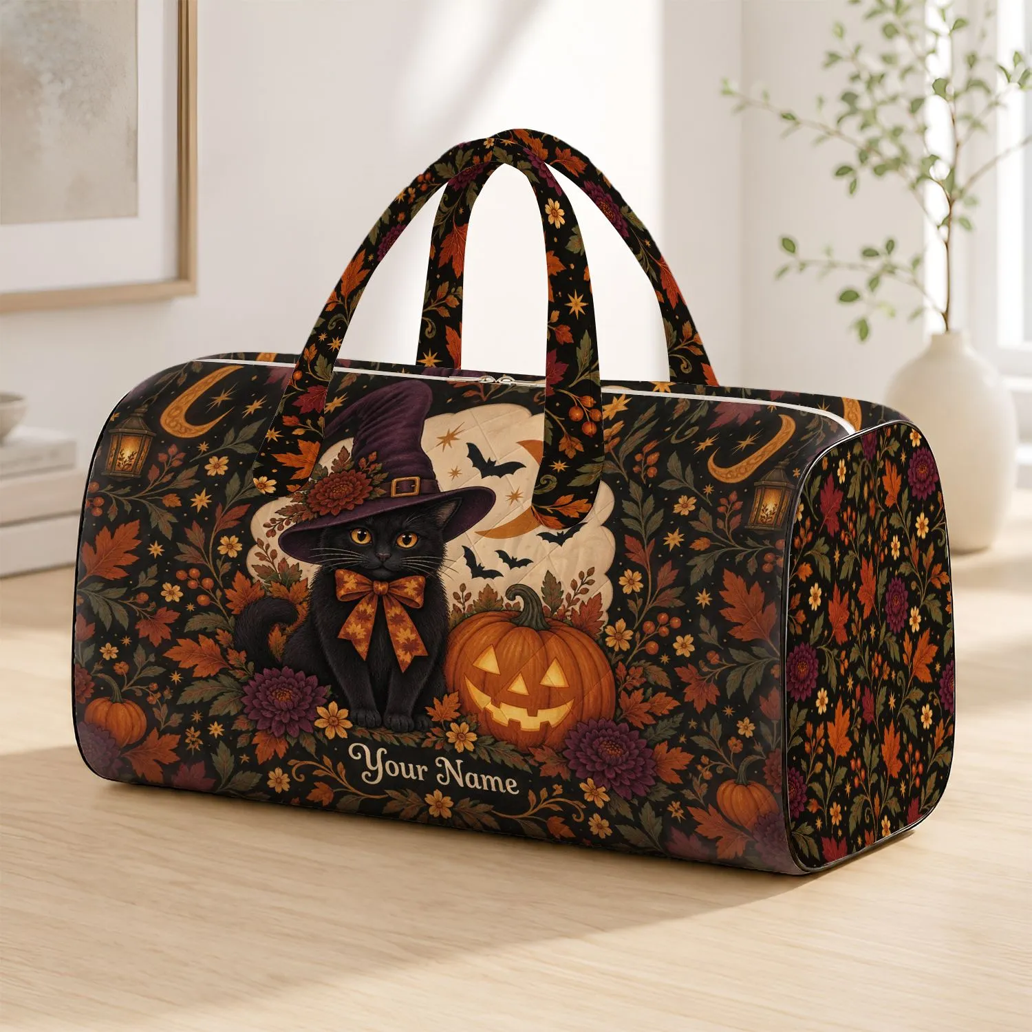 Halloween Black Cat, Pumpkin and Moon for Autumn Getaways and Spooky Season Quilted Weekend Bag - 1