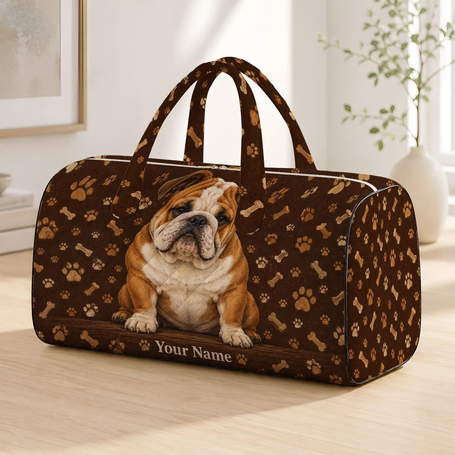 Stocky Bulldog Puppy Portrait With Bone Accents For Dog Lovers And Weekend Getaways Quilted Weekend Bag - 1