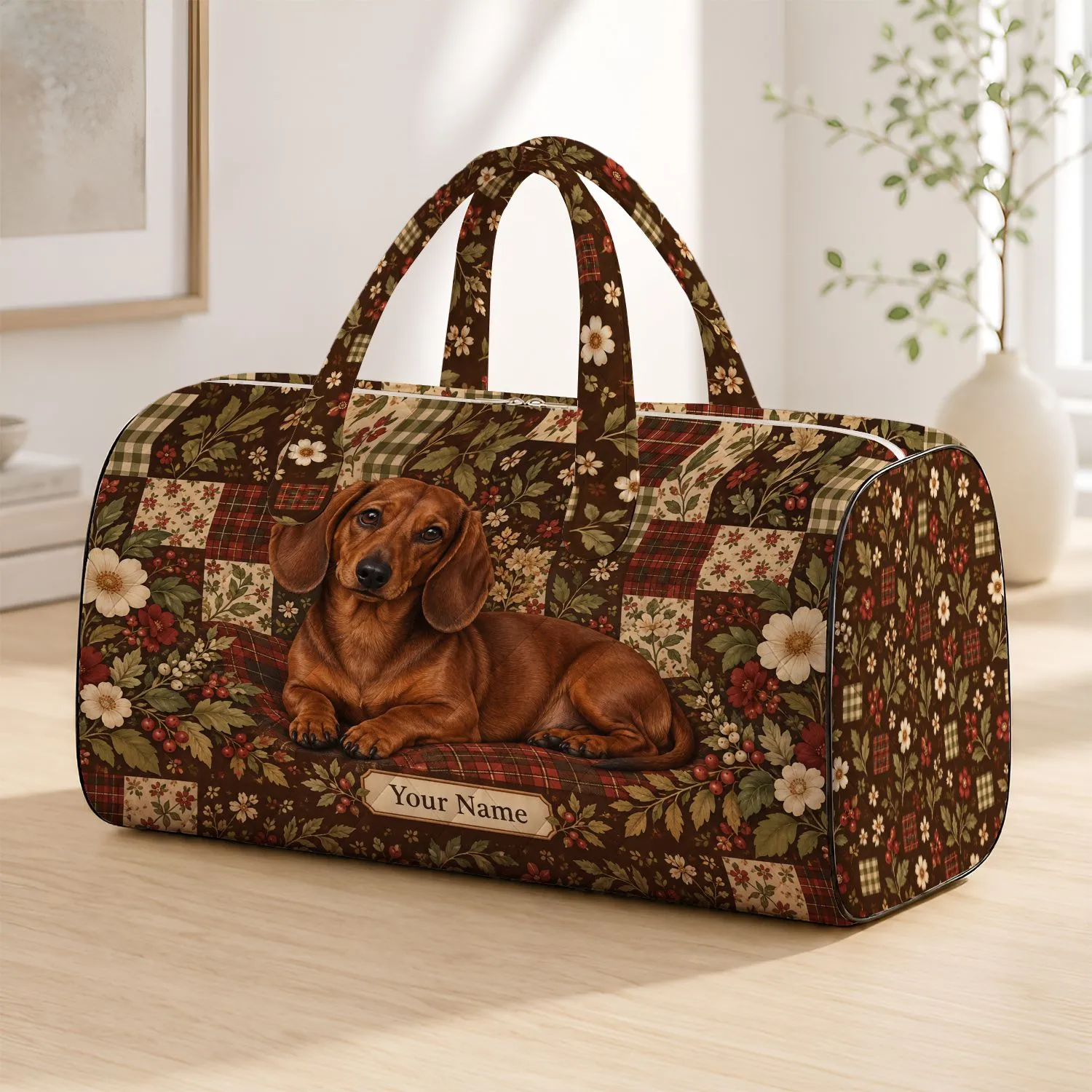 Brown Dachshund with Heritage Florals for Cozy Weekend Getaways and Dachshund Lovers Quilted Weekend Bag - 1