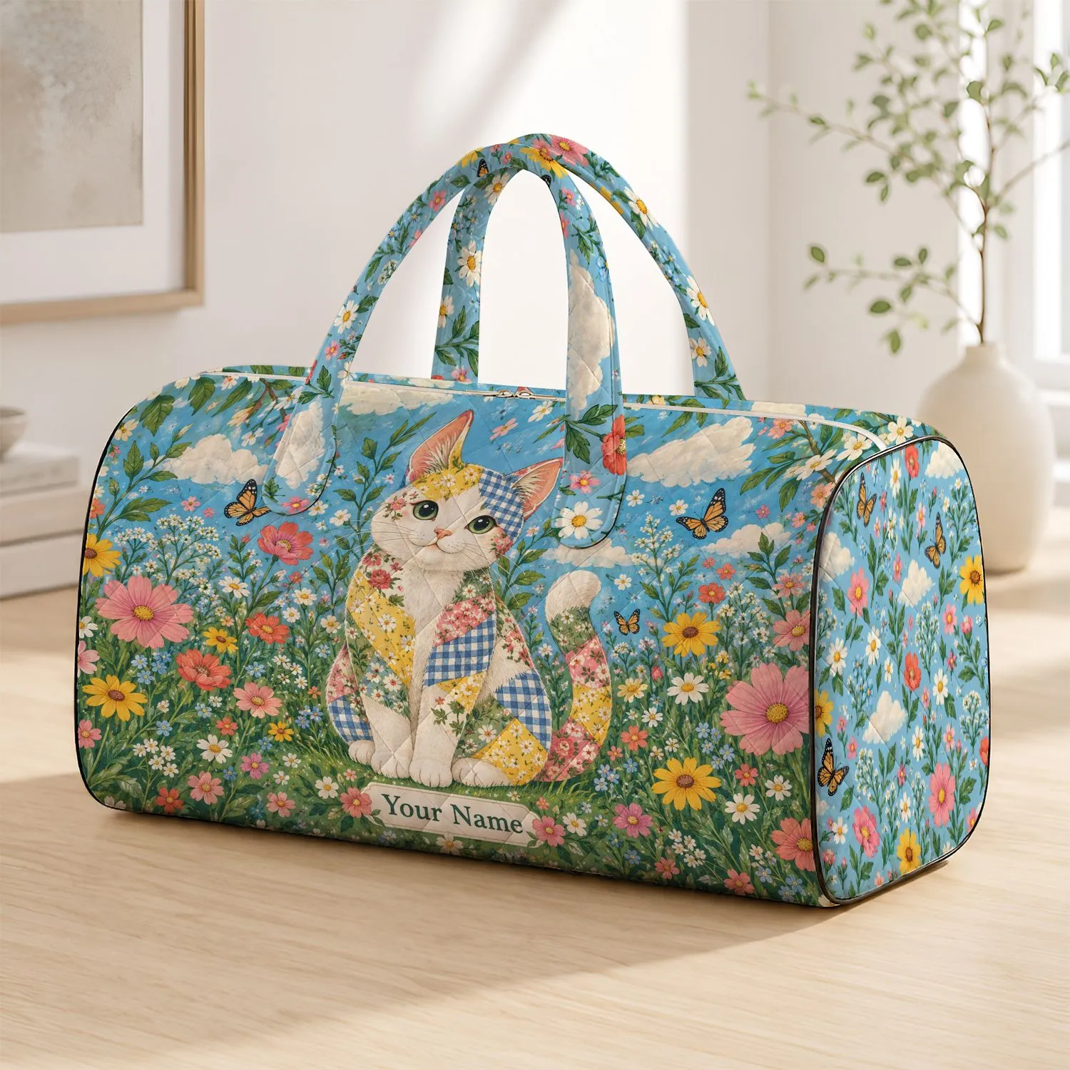 Patchwork Calico Cat and Wildflowers for Cozy Weekend Getaways and Garden Lovers Travel Quilted Weekend Bag - 1