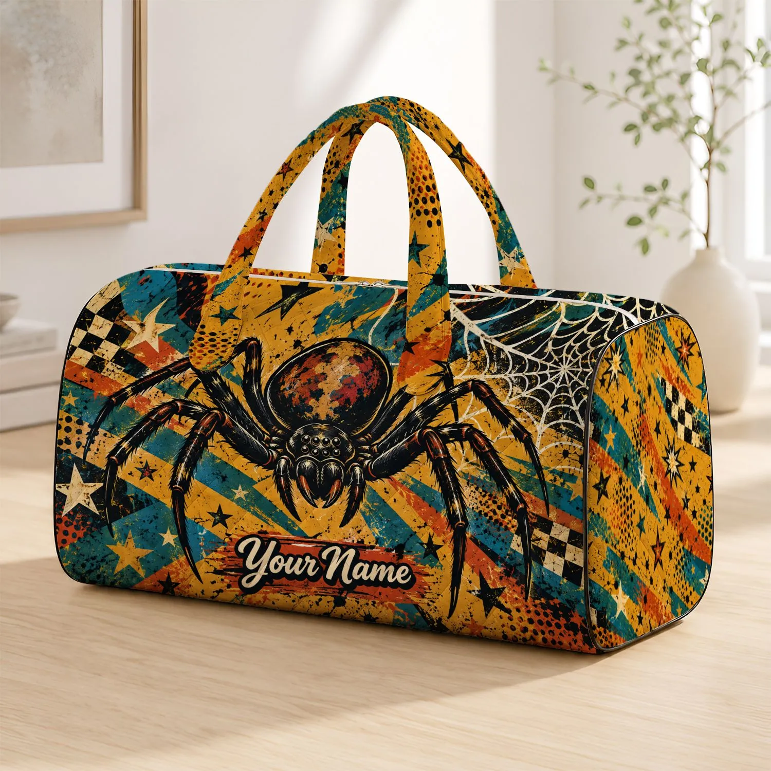 Retro Spider Web and Starbursts for Bold Weekend Travel and Everyday Adventure Style Quilted Weekend Bag - 1