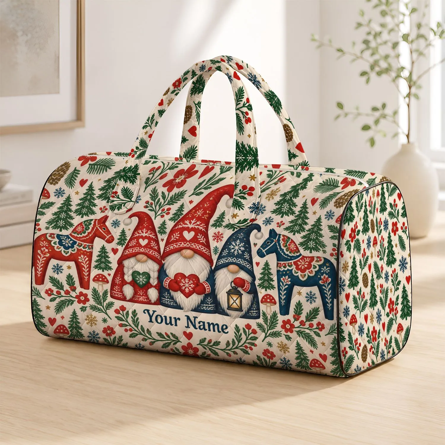 Swedish Gnomes and Dala Horses for Cozy Winter Getaways and Nordic Holiday Journeys Quilted Weekend Bag - 1