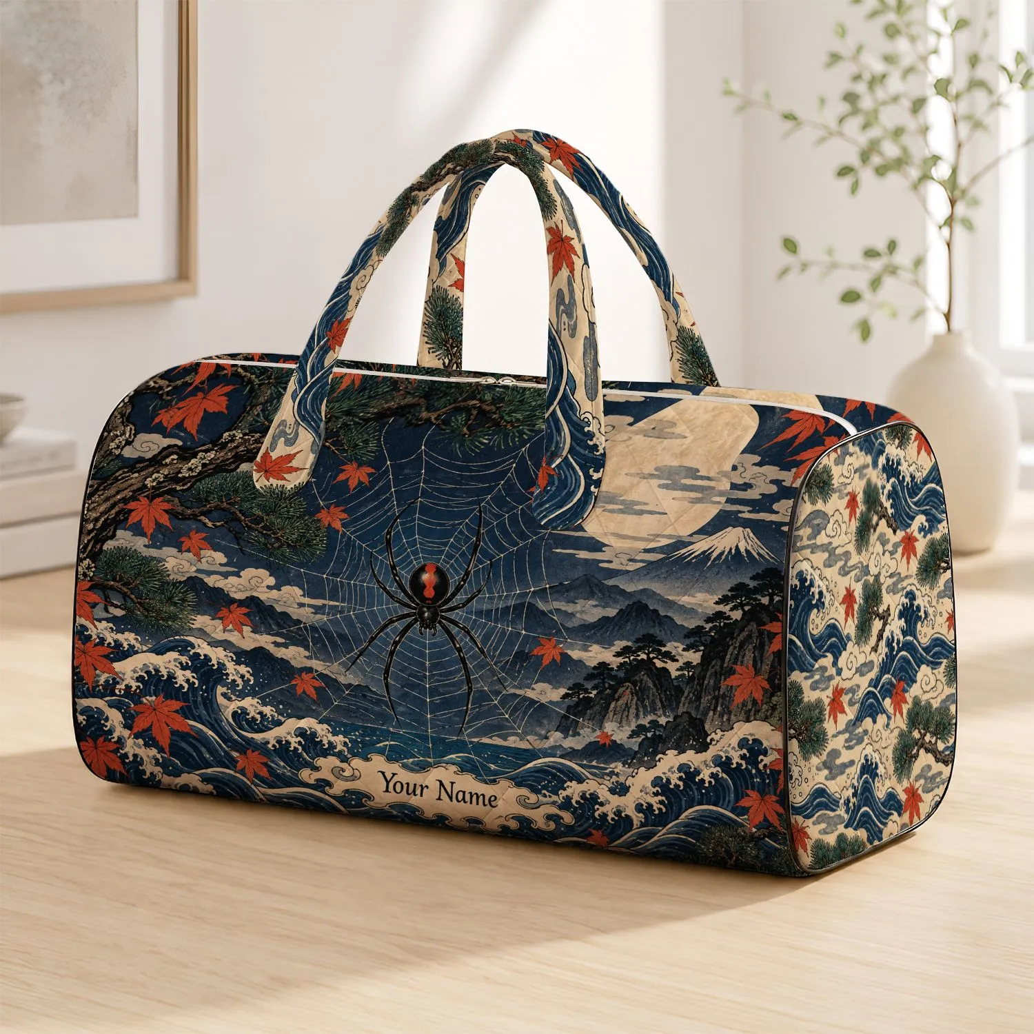 Japanese Spider Moonlit Waves And Maple Leaves For Autumn Nature Getaways Quilted Weekend Bag - 1